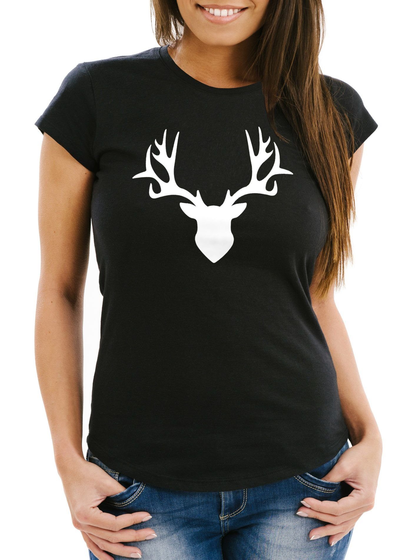 MoonWorks Print-Shirt Damen T-Shirt Hirsch Geweih Slim Fit mit Print