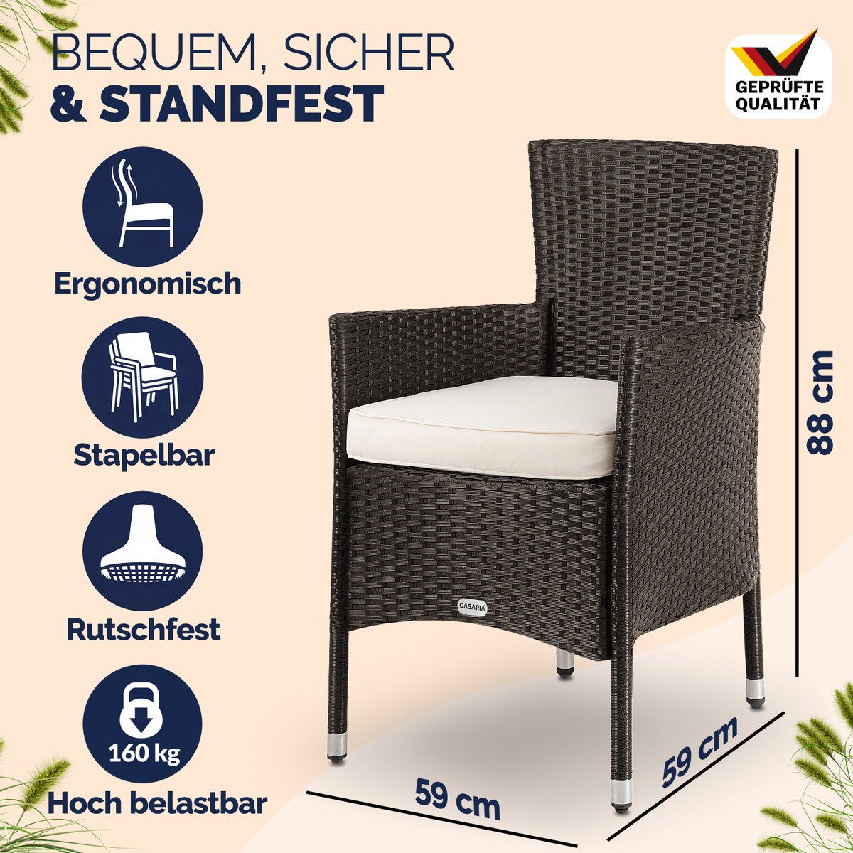 Casaria Gartenstuhl (2 St), Polyrattan 2er Set Stapelbar 7cm Auflagen 160kg Belastbarkeit