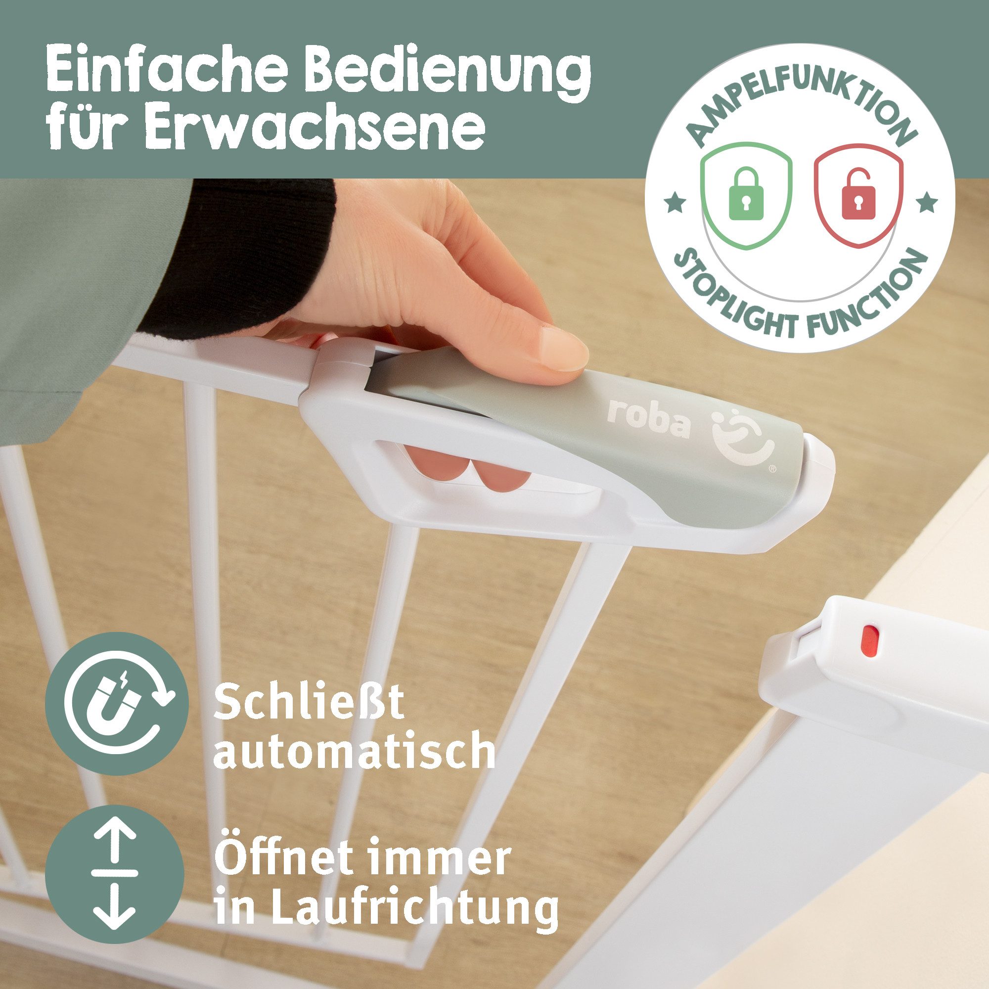 roba® Türschutzgitter easySafe+ Tür- & Treppenschutzgitter Metall - Verstellbreite 75-82 cm, TÜV-geprüft - Ampelverschluss 90°-Stopp - Bohrfrei - Von 0-24 Monaten