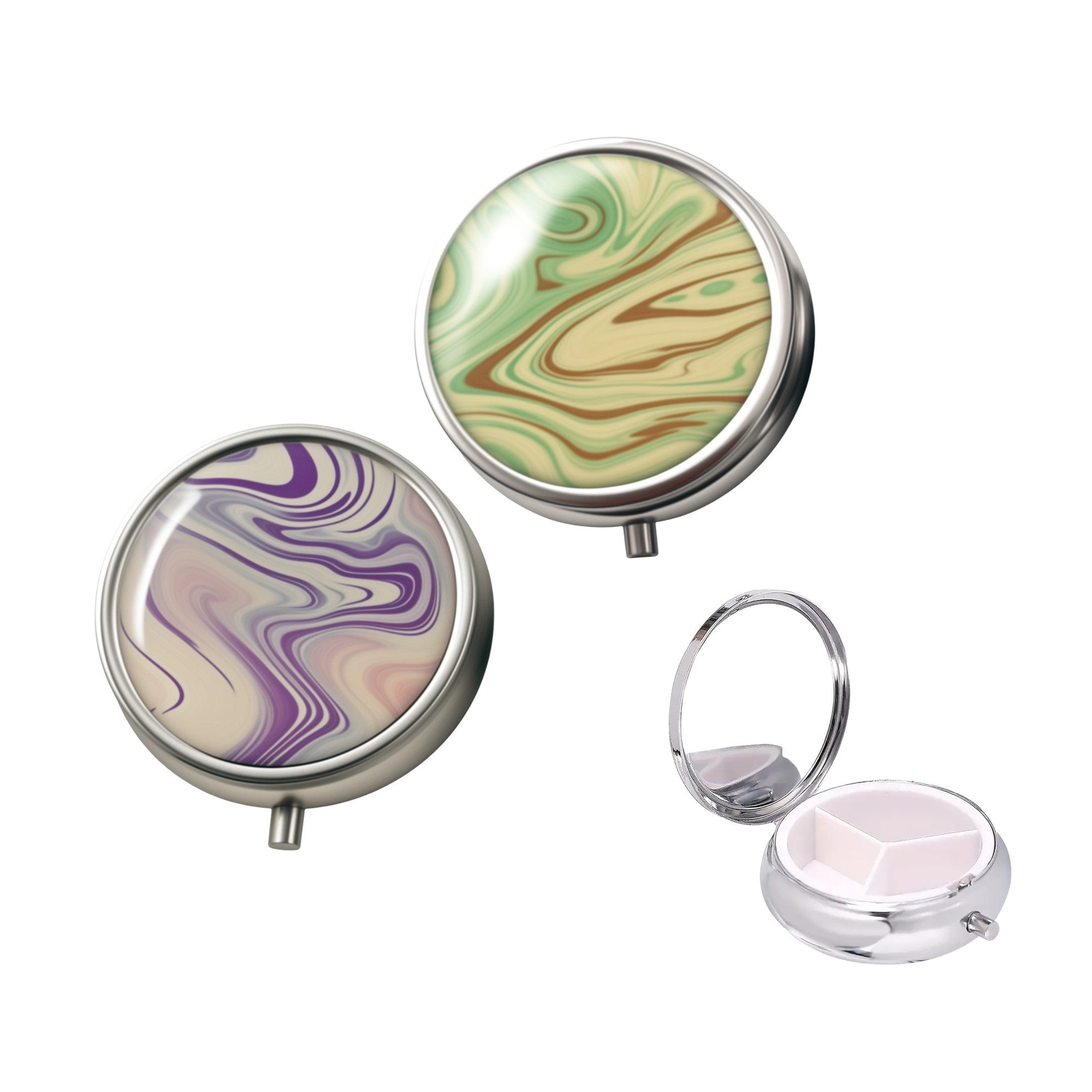 The Beauty House Pillendose Elegante Pillendose mit Marmor-Design, Runde Medikamentenbox aus Metall mit Spiegel & 3-Fach-Einteilung
