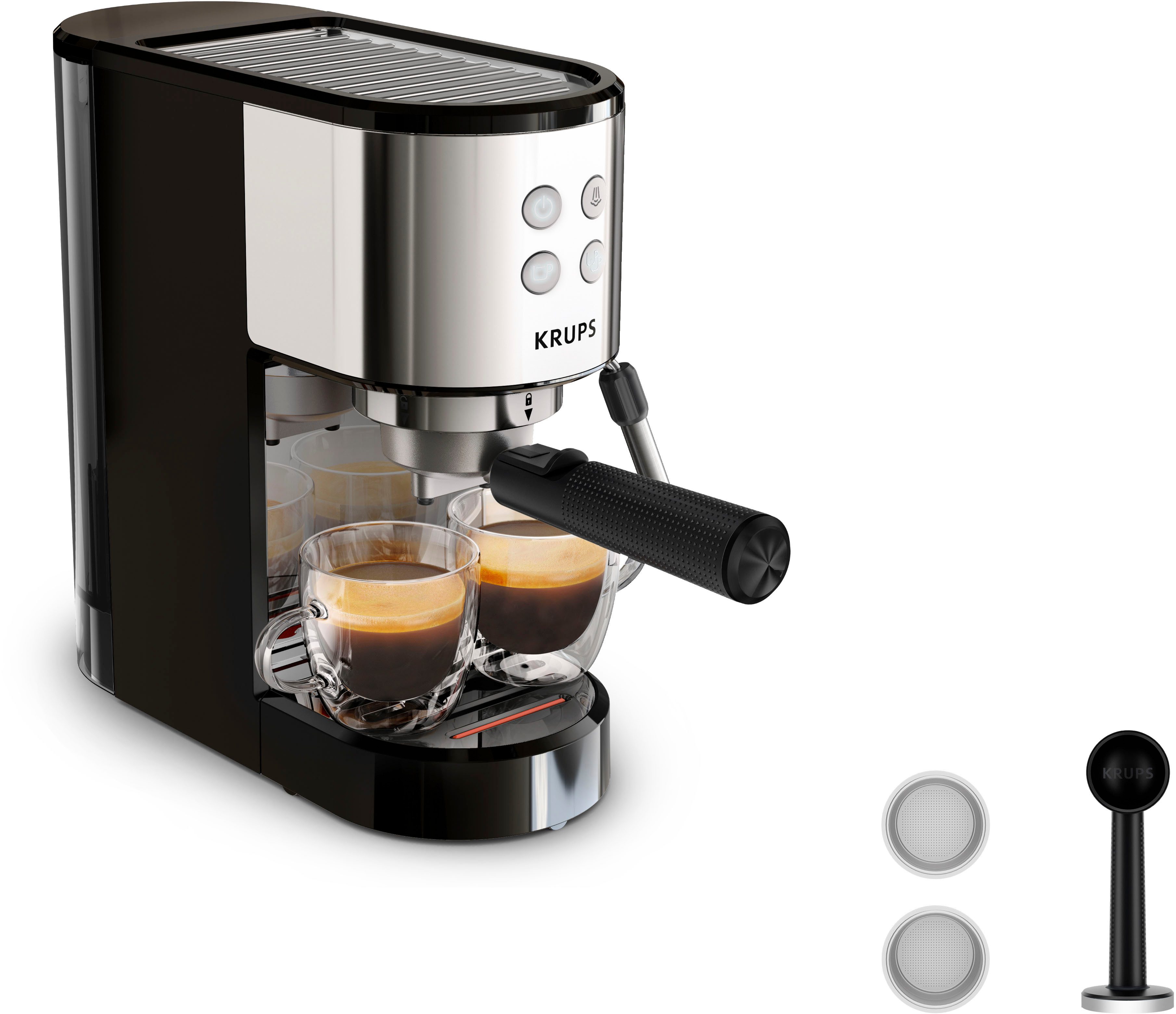 Krups Espressomaschine XP4418 Virtuoso Essential, Siebträger, Edelstahl-Applikationen, schlankes kompaktes Design, 2 Filtereinsätze