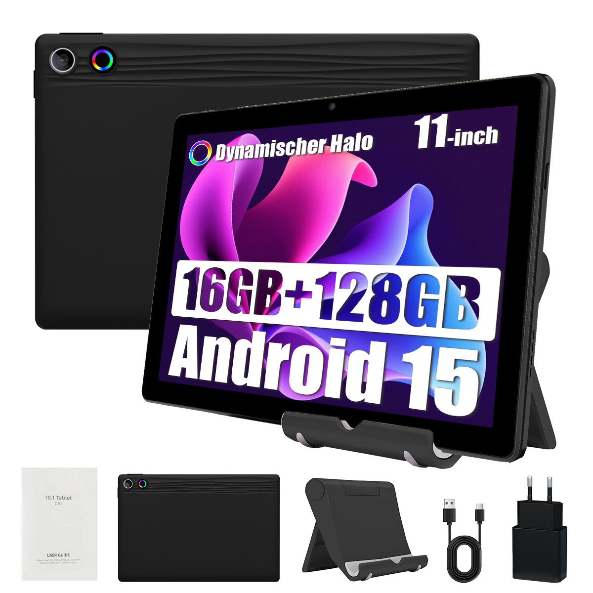 Happybe 11 Zoll Android 15, 128GB 1 TB TF Erweiterbar, HD 1280x800, 6800mAh Tablet (11", 128 GB, Android, 2,4G/5G WiFi, 16(4+12)GB RAM, Dual Kamera, WiFi 6, Bluetooth 5,3, mit Ständer)