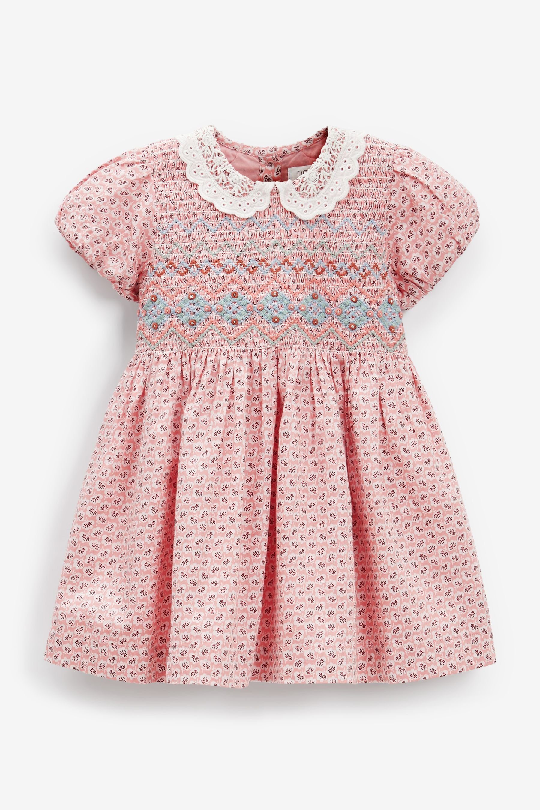 Next Sommerkleid Baumwollkleid mit Spitzenkragen und Raffdetail (1-tlg) Pink Geo