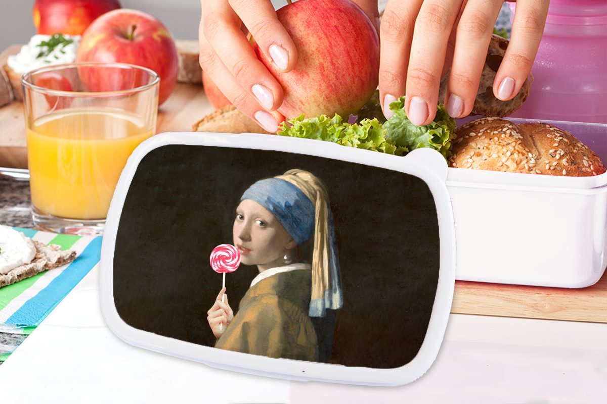 MuchoWow Lunchbox Mädchen mit für und weiß - Kunststoff, Johannes Perlenohrring - Mädchen Erwachsene, und Brotdose, Kinder (2-tlg), Brotbox Vermeer Jungs Lollipop, für