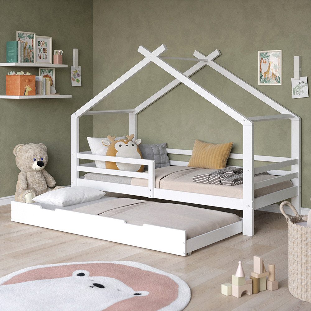 VitaliSpa® Luni House Bed, White, 200 x 90 cm with Guest Bed and Mattress (1-piece)