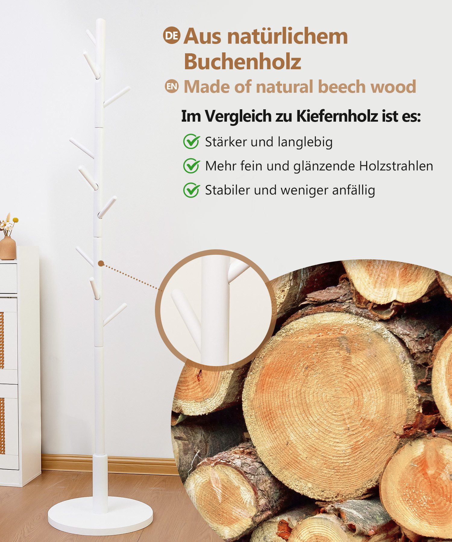 Yorbay Garderobenständer aus Buche Massivholz, Kleiderständer Baumform mit 9 Haken, 38 x 179 cm, Verstellbar Garderobenständer für Jacken, Hüte, Taschen, Weiß