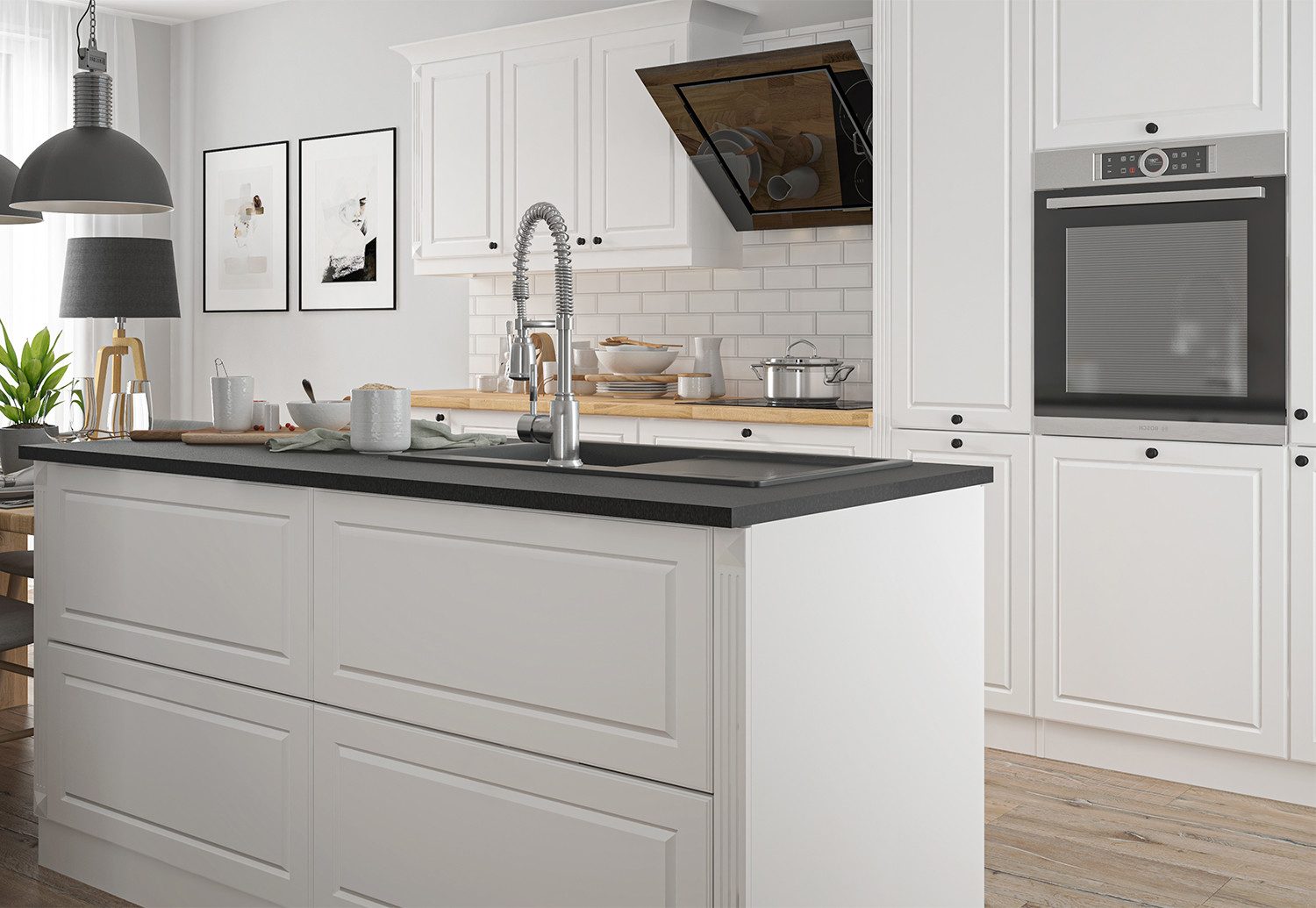 Feldmann-Wohnen Kücheninsel Pescara, (Schubladen mit Teilauszug + Selbsteinzug (Blum Metabox), 360x59x207cm und 160x50x82cm weiß / RAL 9003 signalweiß matt (K5)