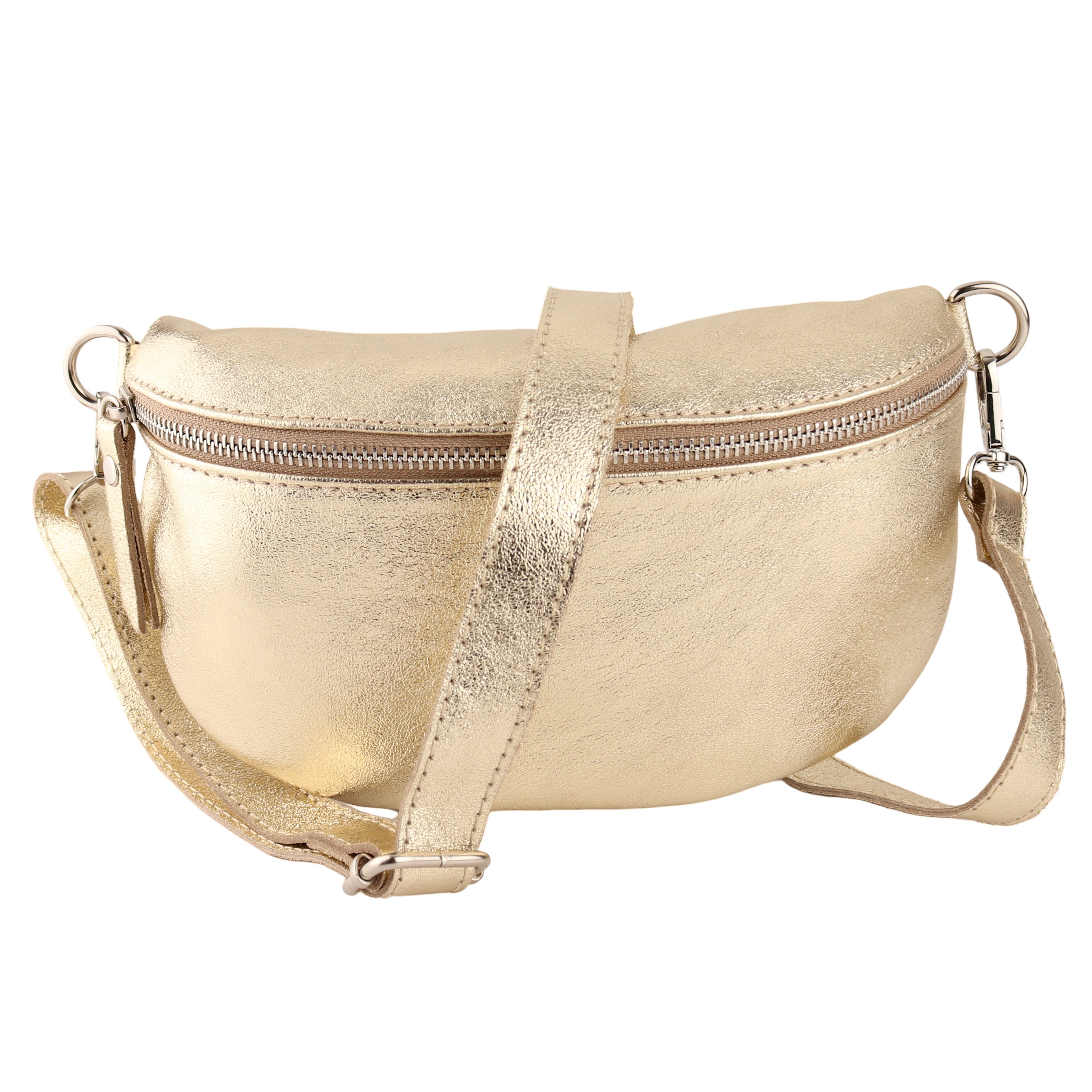 MIRROSI Bauchtasche Damen, Echtleder, Leder, Made in Italy, Umhängetasche, Brusttasche, (Schultertasche für jeden Anlass (1 Tasche & 1 / 2 Gurte), METALIC Gold Silber Crossbody Bag, verstellbare Schulterriemen