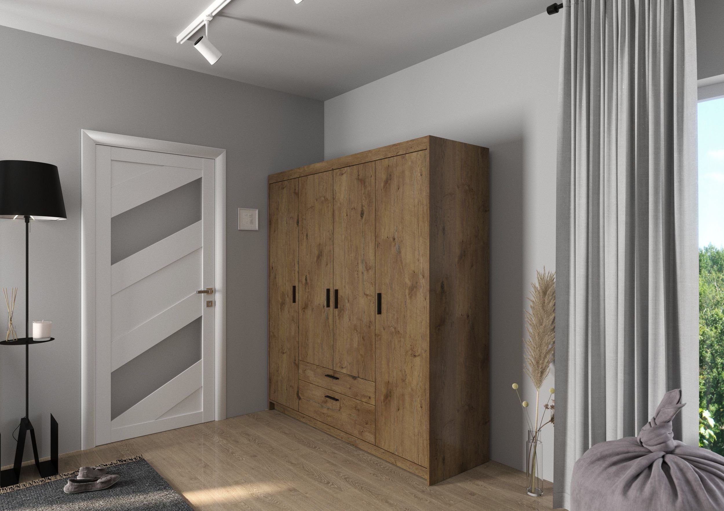 Küchen-Preisbombe Drehtürenschrank Elena 4-türig Kleiderschrank Wäscheschrank Schrank Eiche Lefkas