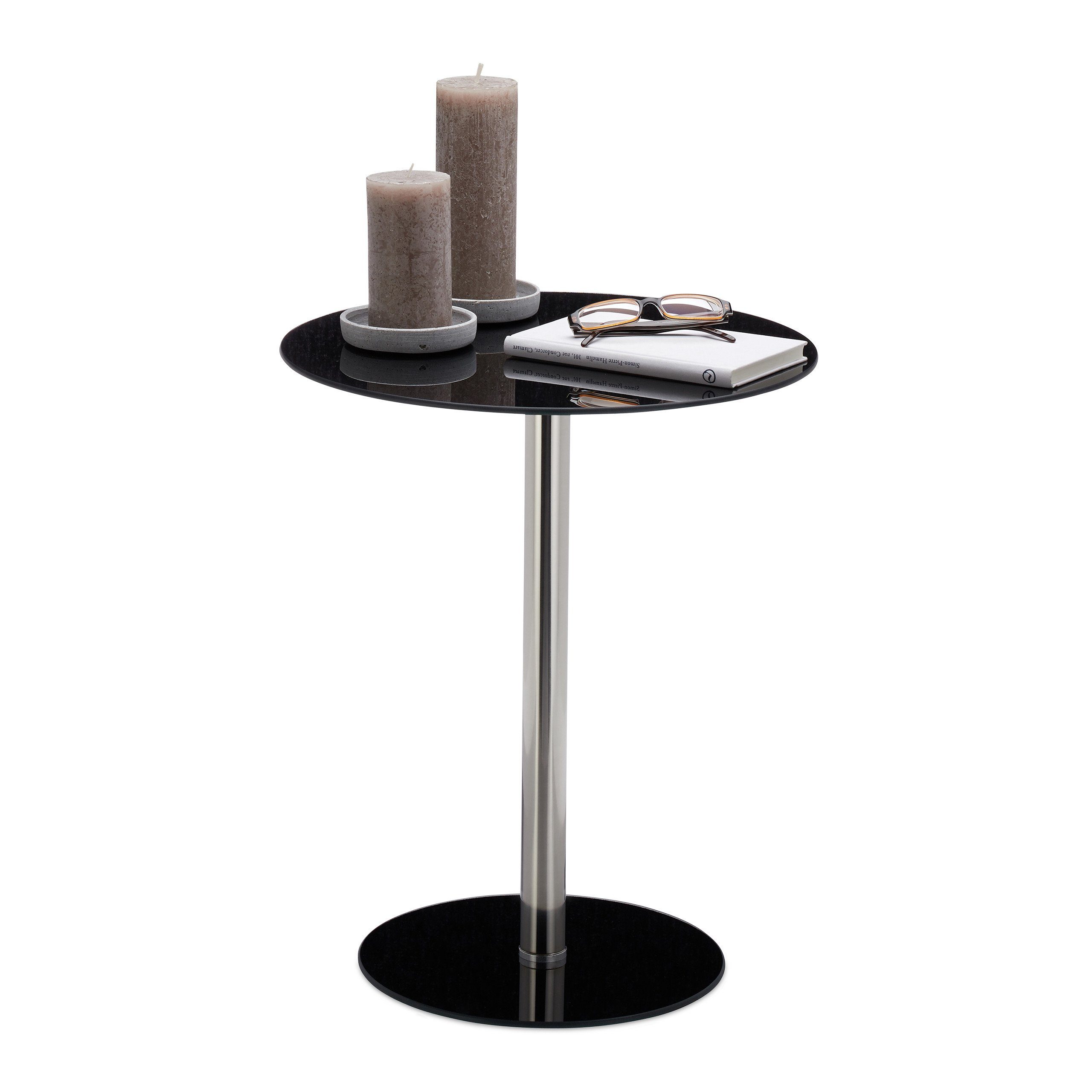 relaxdays Beistelltisch Glas Edelstahl, Schwarz