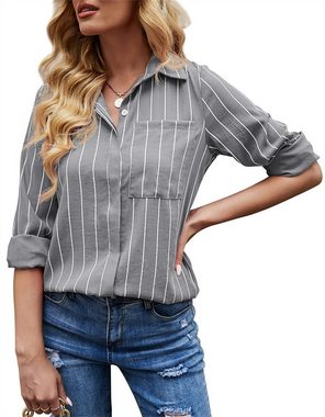 AFAZ New Trading UG Hemdbluse Bluse Damen Langarm Casual Streifen Oberteile Hemd Lose V-Ausschnitt Langarmshirt Blusen Tops Elegant