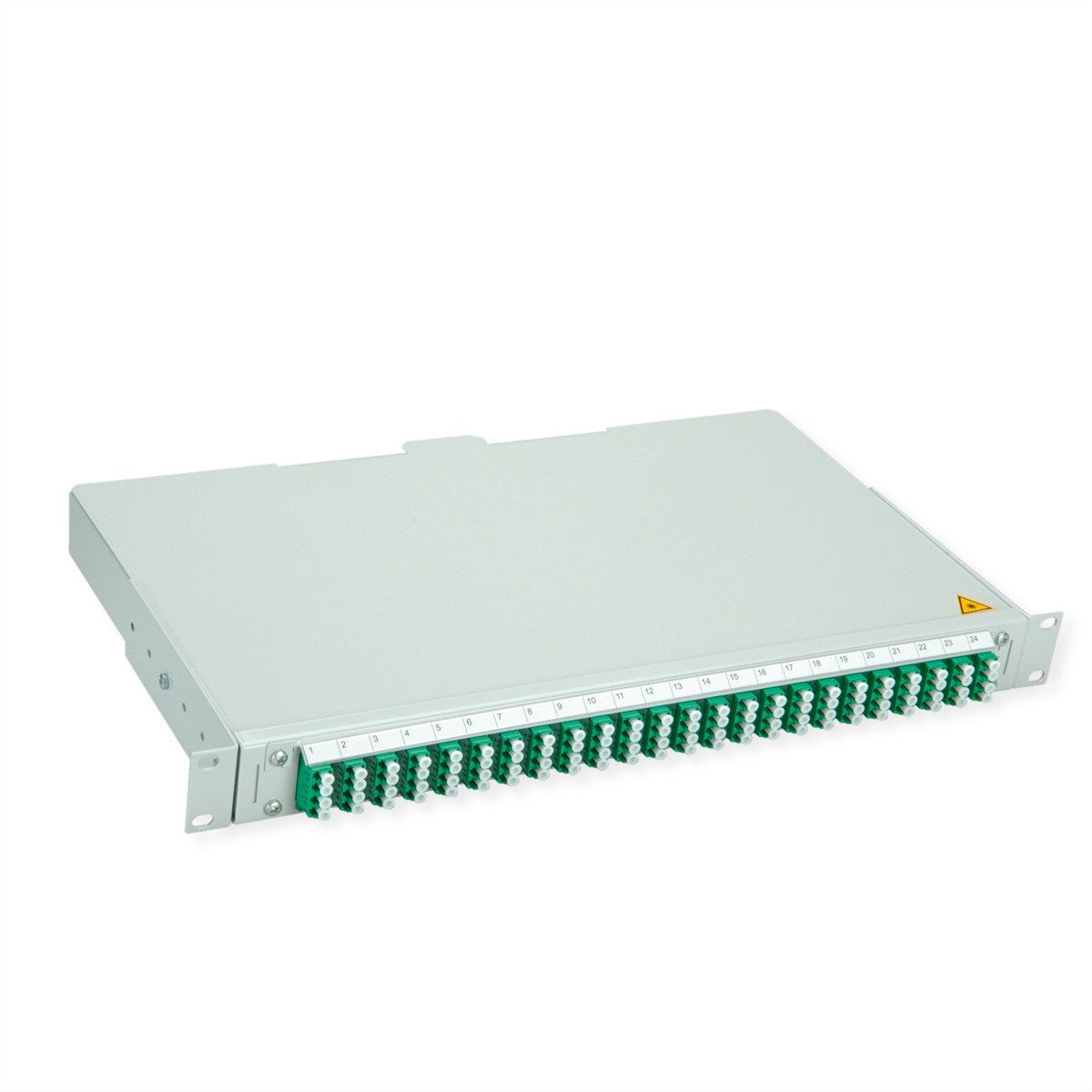 Telegärtner BASIS V LWL-Panel mit Kupplungen & Pigtails Netzwerk-Panel (bestückt, 24 Ports, 24x LC Quad, grün, OS2 APC, 100131345)