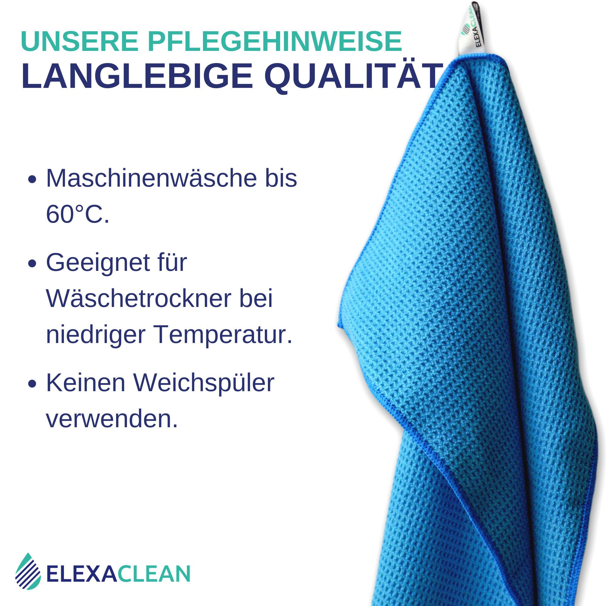 ELEXACLEAN Waffeltuch Trockentuch Mikrofasertuch (80% Polyester, 20% Polyamid, Set, 2-tlg., 60x40 cm, streifenfrei, fusselfrei, saugstark) – Bild 4 von 5