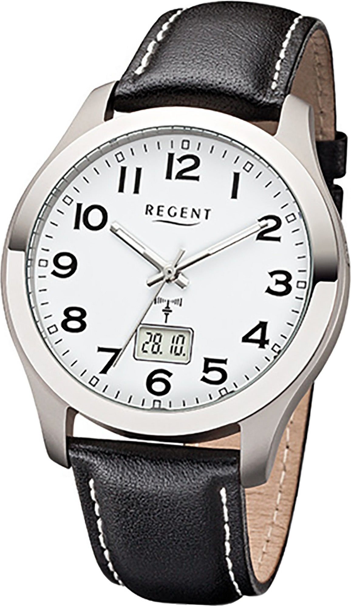 Regent Funkuhr Regent Leder Herren Uhr FR-220 Funkuhr, Herrenuhr mit  Lederarmband, rundes Gehäuse, (ca. 41mm), Elegant-Style