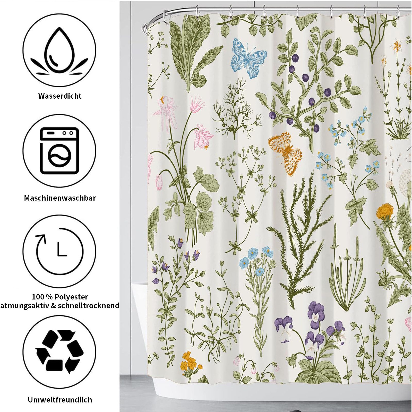 MOPUEA Duschvorhang Floral Badezimmer Vorhänge; Wasserdicht dekorative Vorhänge (180 × 180 cm, Komplett-Set mit durchdachten Details), Stilvolles Vintage-Design & Hochwertiges Material