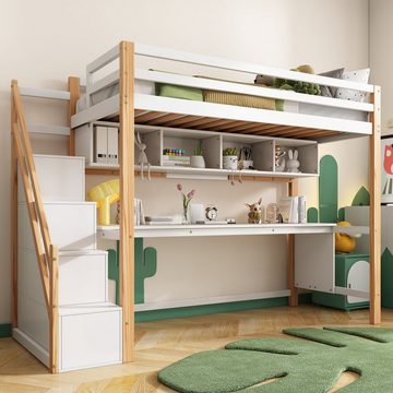 REDOM Etagenbett Kinderbett (Kinderhochbett mit Stauraumtreppe 90*200cm, aus Kiefernholz,mit großen Schreibtisch und Regalen), Umweltfreundliche Farben,natürlich und weiß