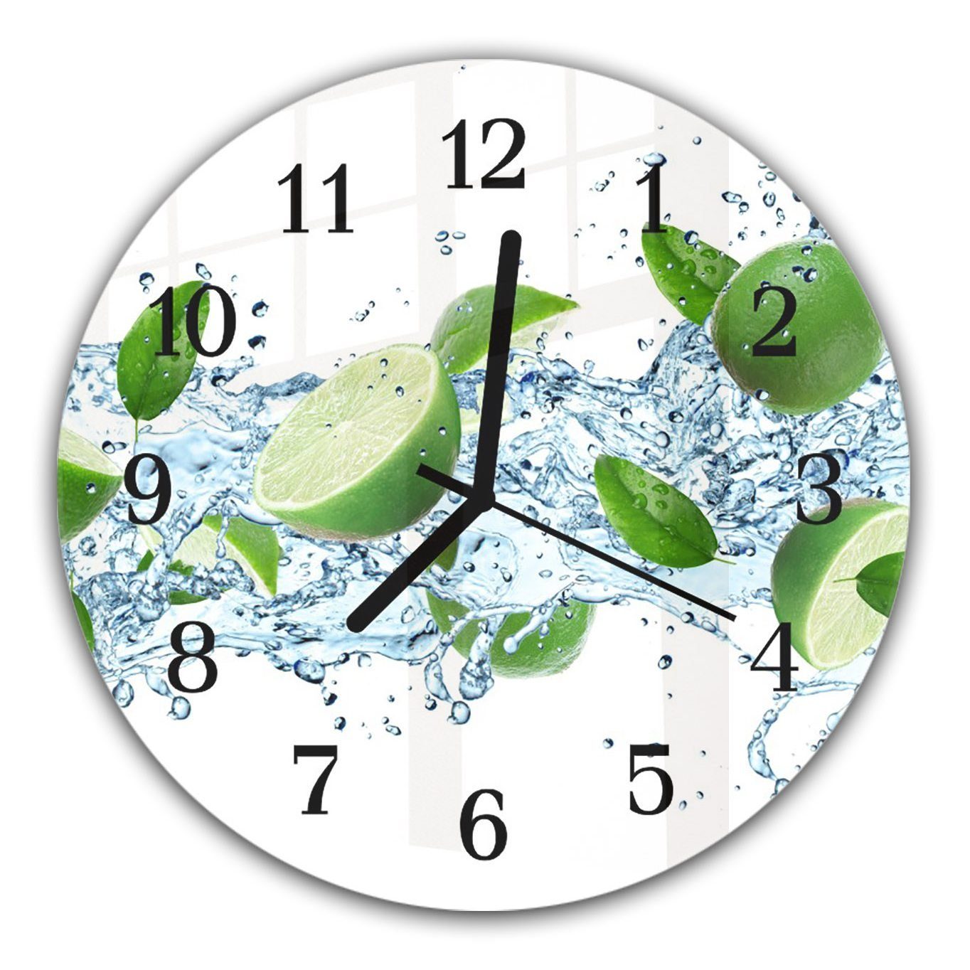 Primedeco Wanduhr Wanduhr aus Glas mit Motiv Limettern auf Wasser Splash - Rund mit Durchmesser 30 cm und Quarzuhrwerk