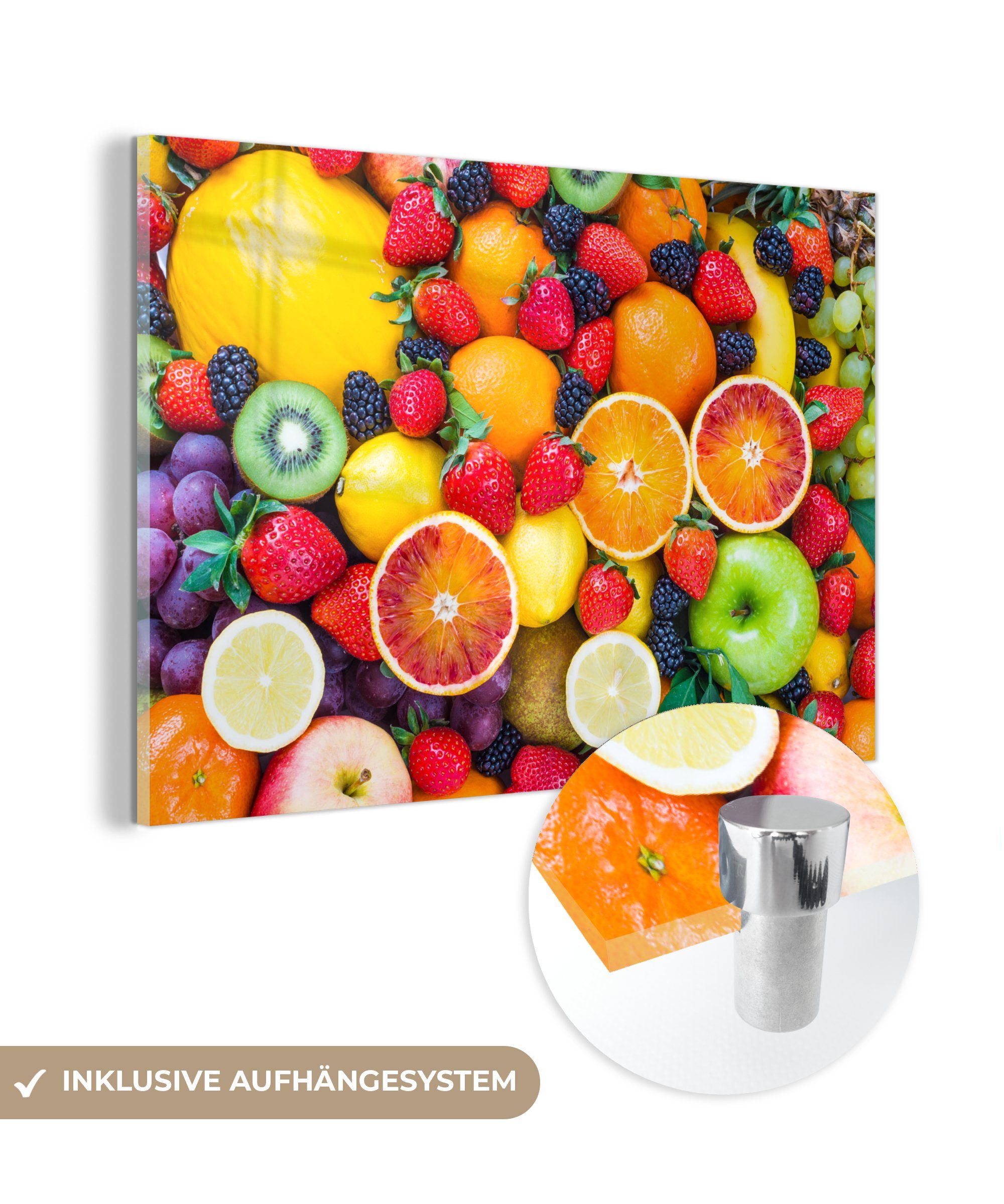 MuchoWow Acrylglasbild Apfel - Weintrauben - Obst, (1 St), Glasbilder - Bilder auf Glas Wandbild - Foto auf Glas - Wanddekoration