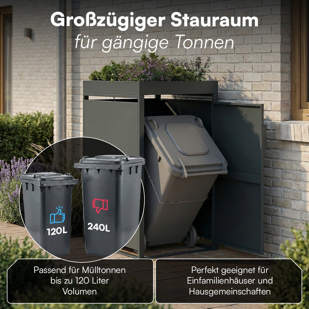 STEELSØN Mülltonnenbox Thoria mit Pflanzendach (Anthrazit, 120 L, verfügbar mit 1, 2, 3, 4, oder 5 Türen), Mülltonnenverkleidung aus Stahl für 1 Tonne
