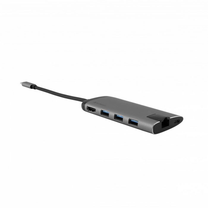Verbatim USB-C Multiport-Hub 49142 USB-Adapter USB 3.0 HDMI Gigabit Ethernet SD / microSD Kartenleser Schnellladeanschluss 15 cm Kabellänge für Notebook oder Smartphone silber