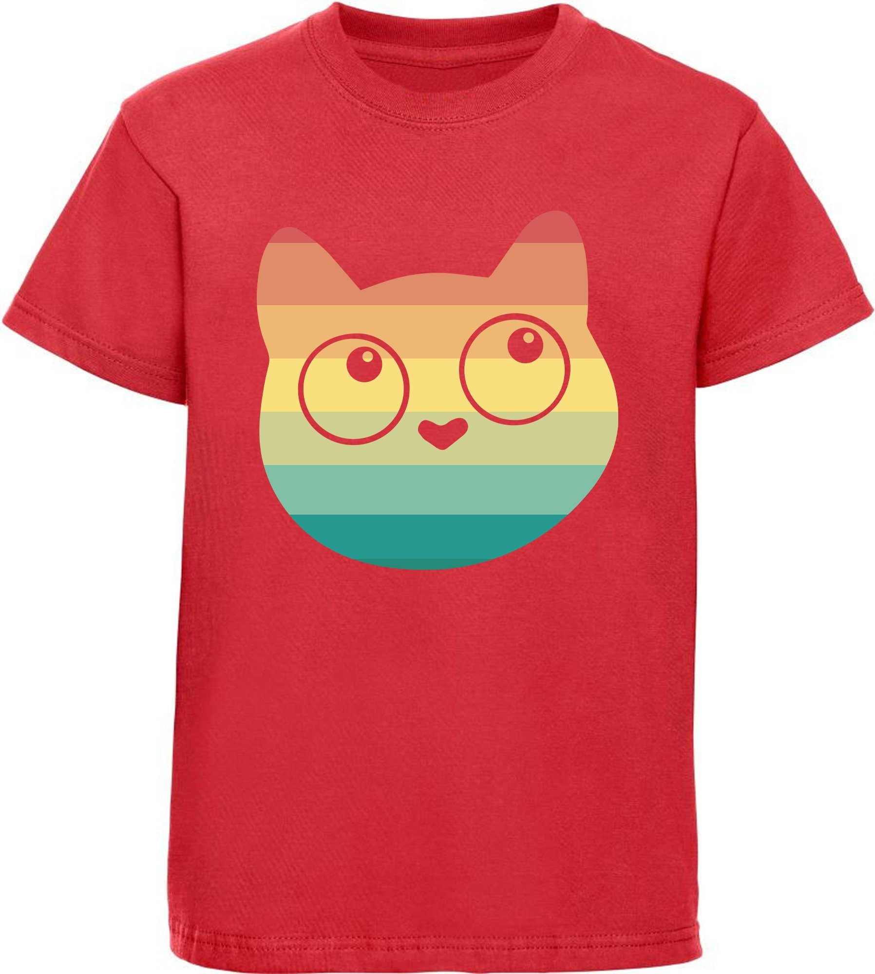 Katze, Kitty Retro Mädchen rot, MyDesign24 schwarz, Aufdruck rosa, i128 weiß, Baumwollshirt mit Print-Shirt bedrucktes T-Shirt mit