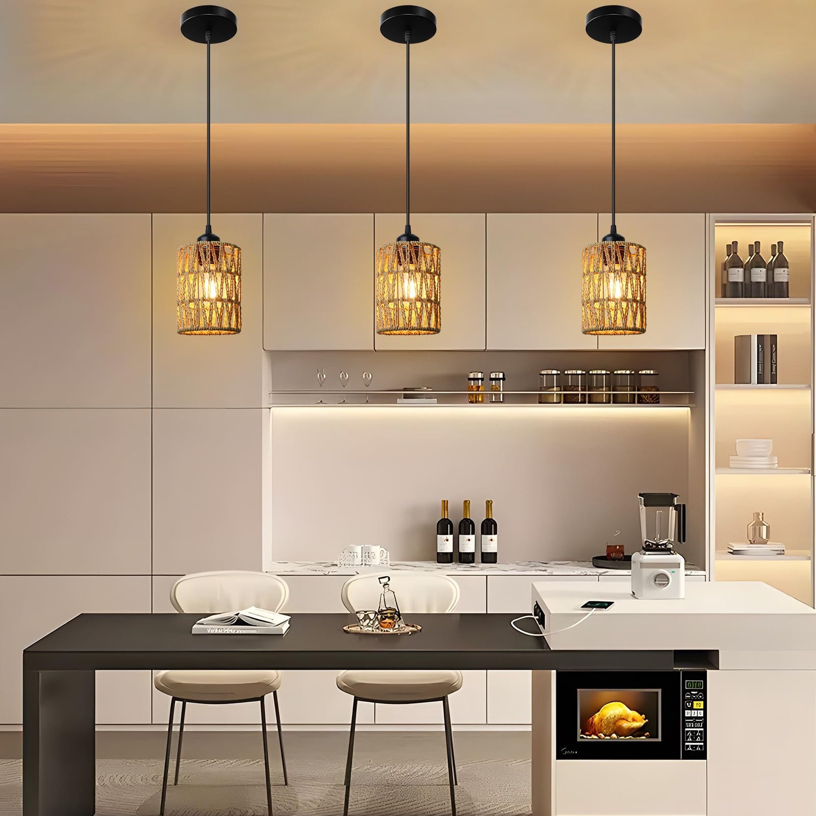 MUPOO LED Pendelleuchte 1/3-flammige Rattan Deckenlampe günstig online kaufen