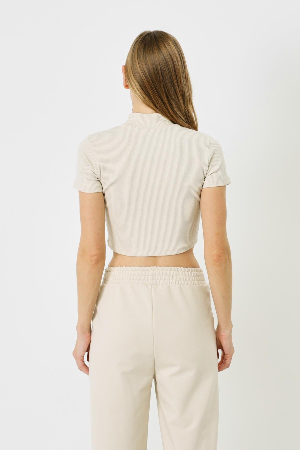 C&CITY Blusenbody Damen Kurzarm-Rippbluse mit hohem Ausschnitt