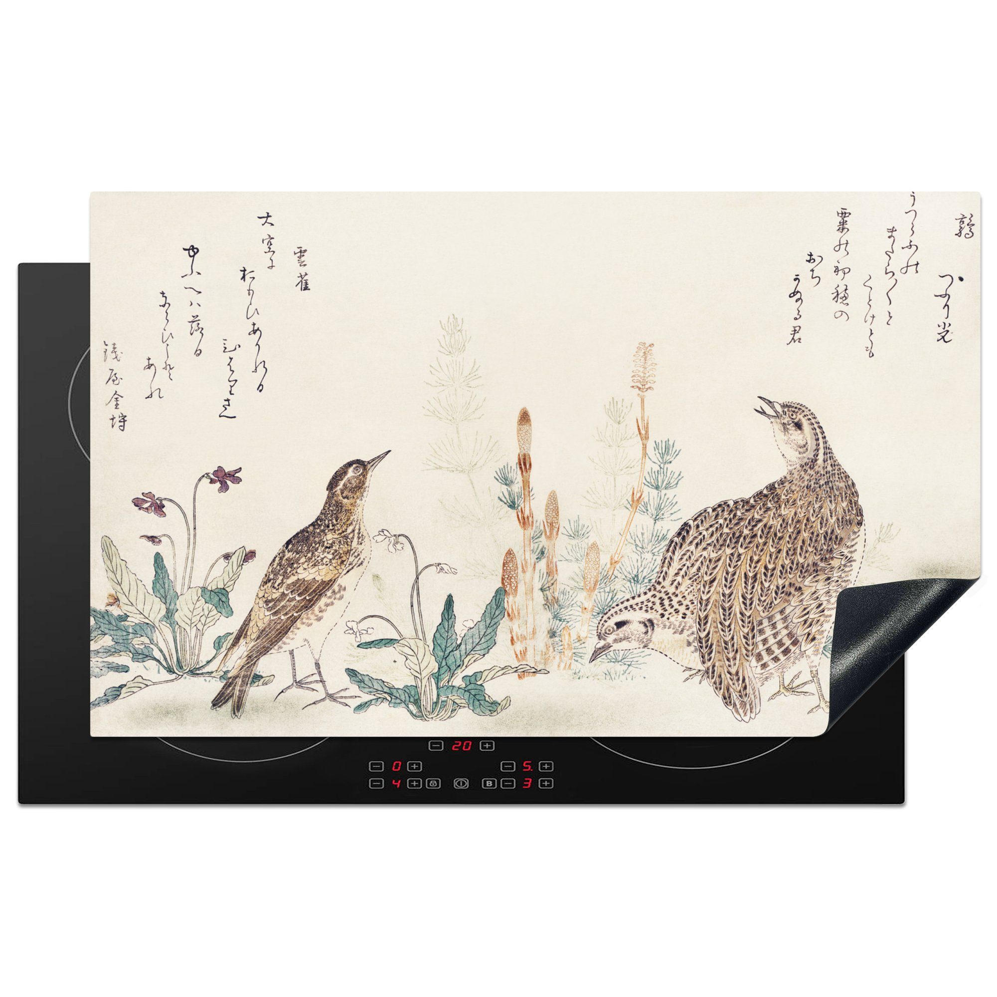 MuchoWow Herdblende-/Abdeckplatte Vogel - Japan - Pflanze, Vinyl, (1 tlg), 83x51 cm, Ceranfeldabdeckung, Arbeitsplatte für küche