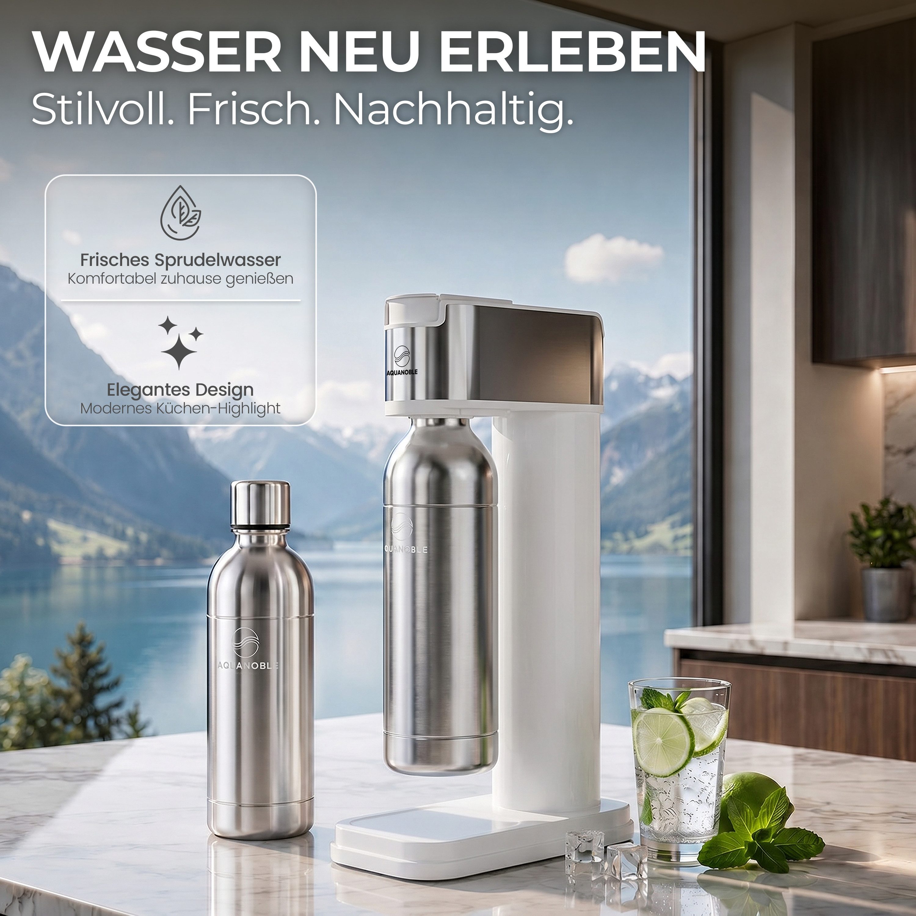 AQUANOBLE SYSTEMS Wassersprudler Wassersprudler inkl 2 Edelstahl Flaschen– CO₂ Soda Sprudler, (Set, Wassersprudler inkl. 2 Edelstahlflaschen), Passend für handelsübliche 425-g- CO₂-Zylinder mit TR21x4 Gewinde