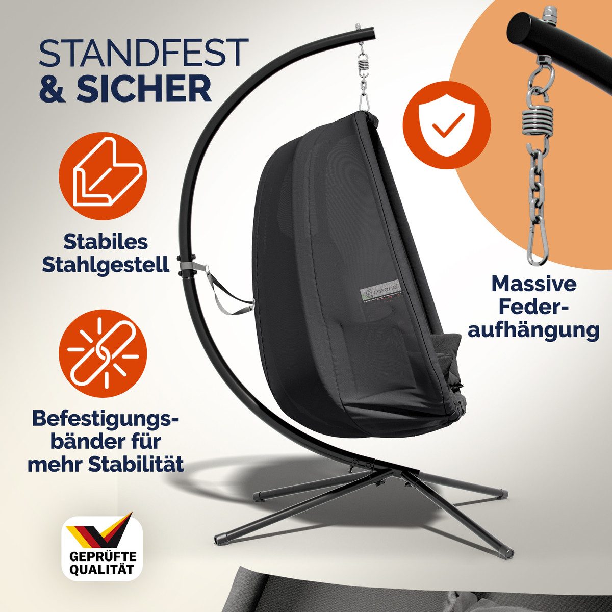 Casaria Hängesessel, mit Gestell XXL Kissen & Seitentaschen Outdoor Wetterfest 150kg