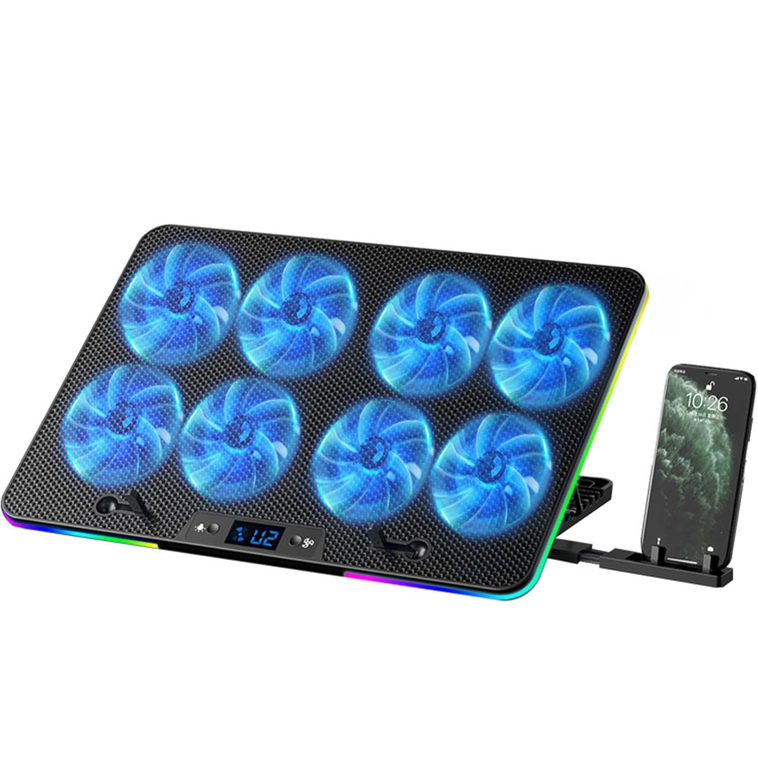 AIMAX Notebook-Kühler Laptop Kühler 7 Höhenverstellbar & Handyständer Cooler, 2 USB Ports & Einstellbarer Geschwindigkeit Kühlständer