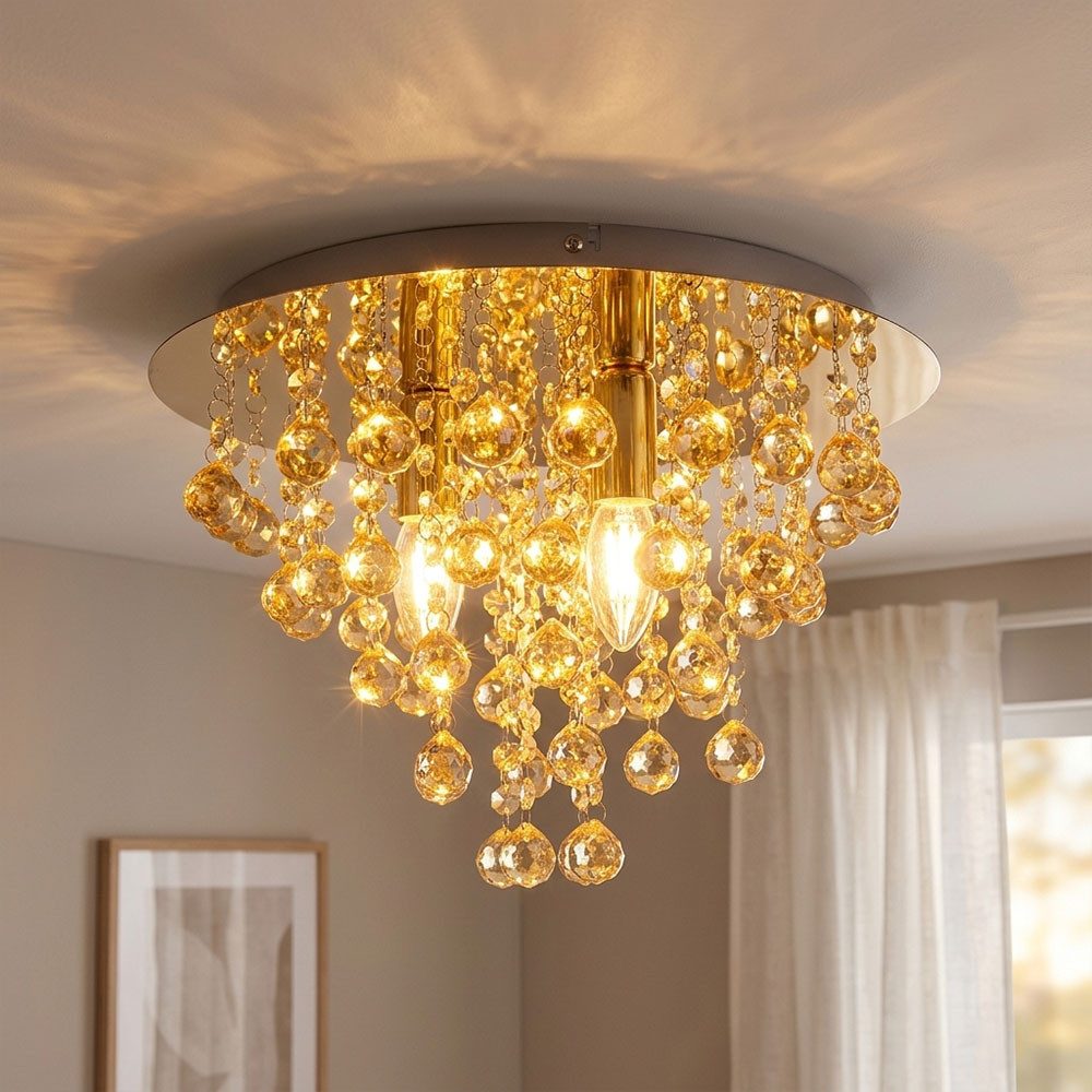 GLOBO LIGHTING LED Deckenleuchte, Leuchtmittel inklusive, Warmweiß, LED Deckenlampe Deckenleuchte Wohnzimmerlampe gold Kristall D 38 cm