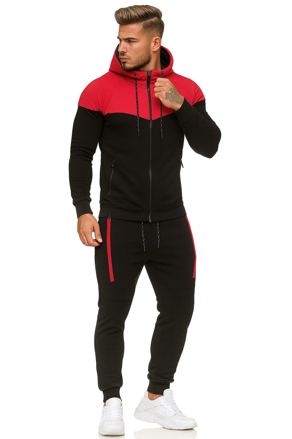 L.gonline Freizeitanzug Herren Jogginganzug, Freizeitanzug 984 Schwarz/Rot S (Kapuzenjacke mit Reißverschluss, Hose, 2-tlg), Fitness Freizeit Casual