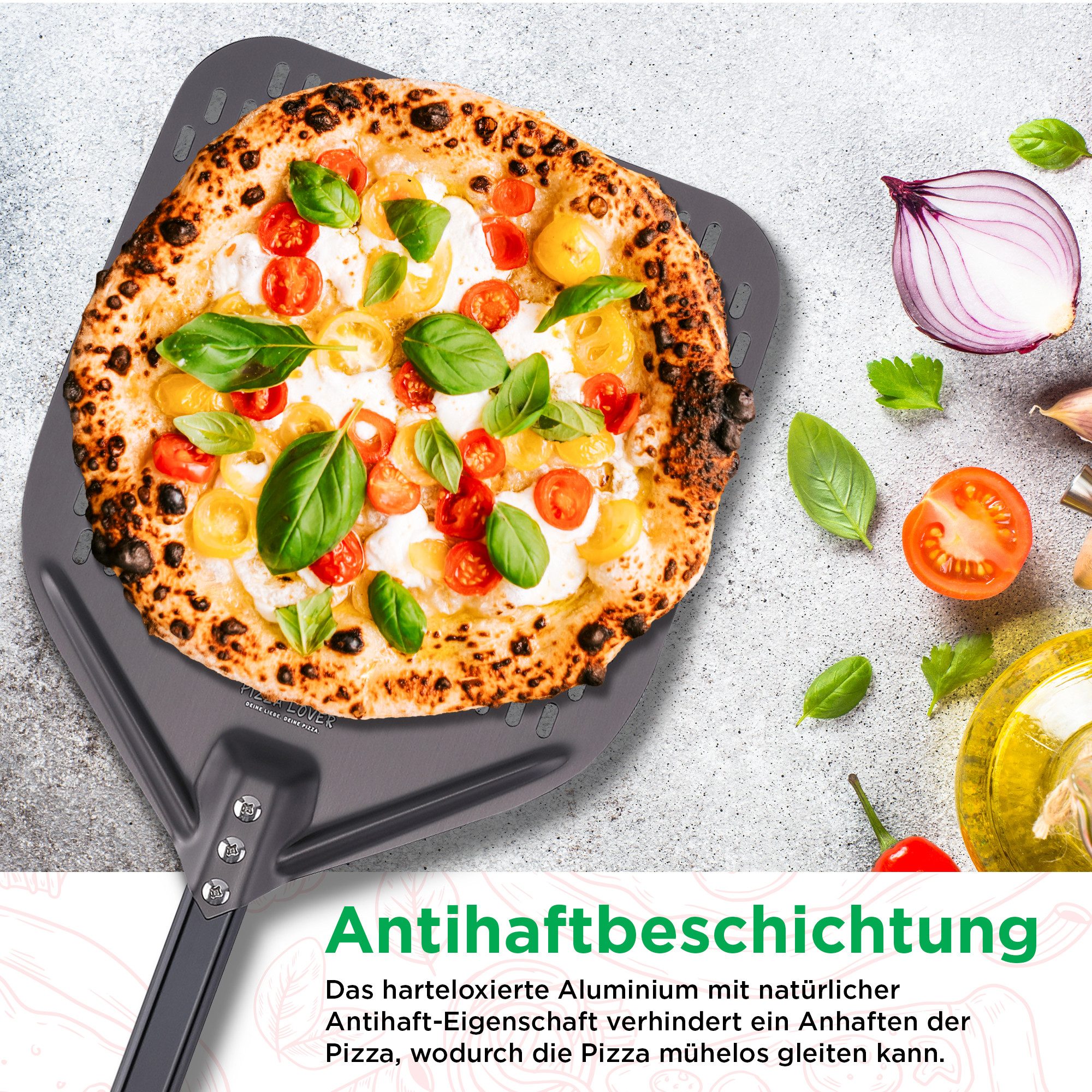Pizza Lover Pizzastein Pizzastein-Set - Pizzaschieber + 30x38cm Backstein + Roller, (4in1, Pizzastein aus Cordierit, harteloxierte Pizzaschaufel, Pizzaroller), 4in1 Pizzastein-Set mit Pizzaheber