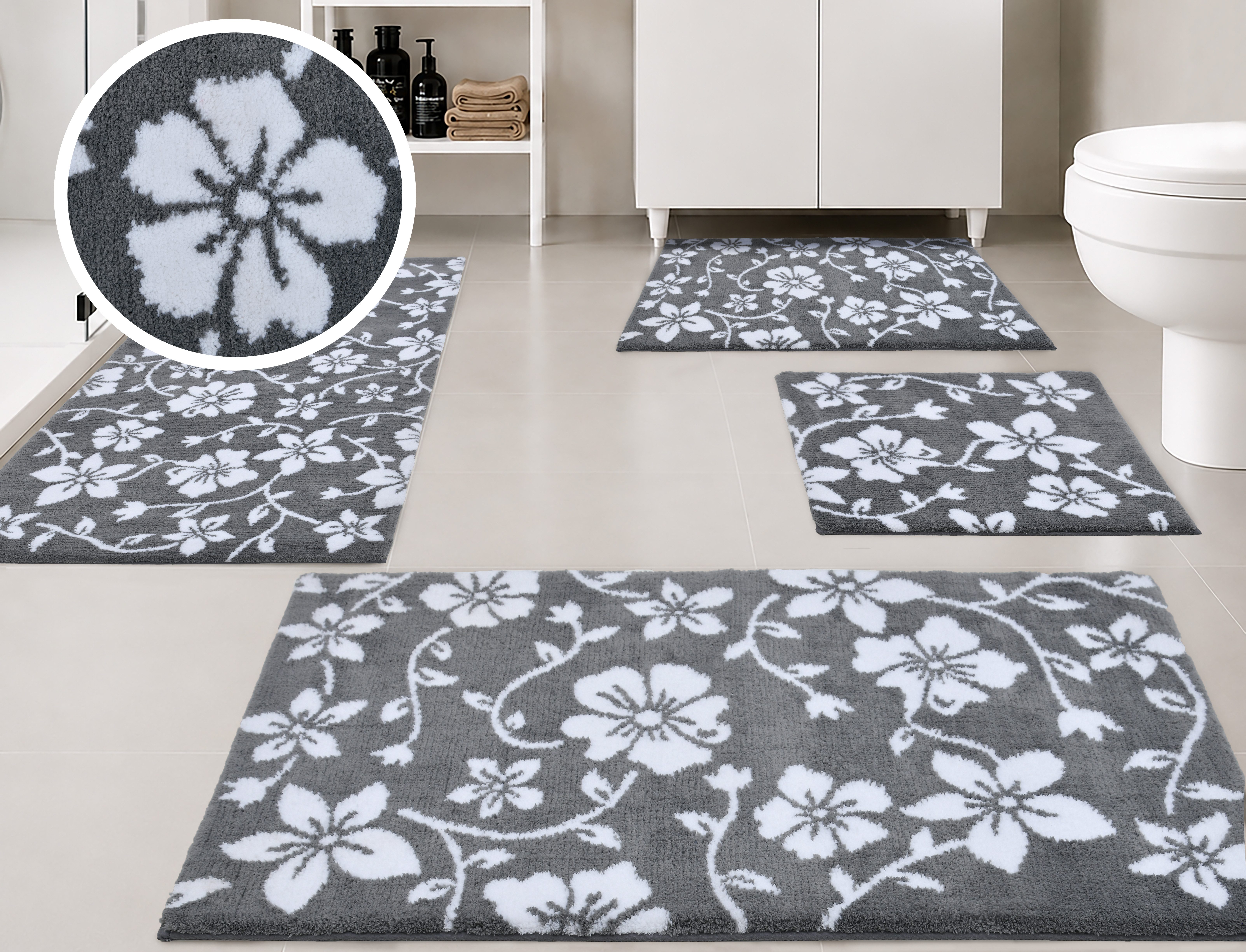 OTTO home Badematte Daffney, Badvorleger, Badezimmer Teppich, Duschvorleger, Höhe 18 mm, rutschhemmend beschichtet, schnell trocknend, Polyester, rechteckig, Badteppich, Floral, Blumen Design