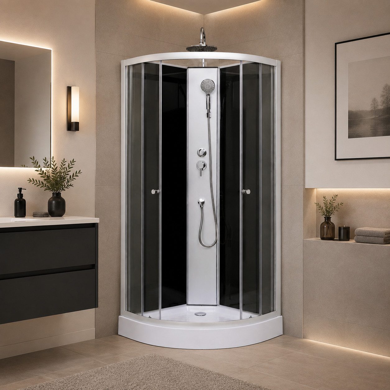 Aloni Eckdusche Komplettdusche, Duschkabine, Dusche, Fertigdusche, Duschwanne, BxT: 80x80 cm, ESG-Sicherheitsglas (nach EN 1250-1) mit Nano-Beschichtung, Komplettset, Regendusche Duschkopf, Duscharmatur, Ablaufgarnitur, Duschsystem