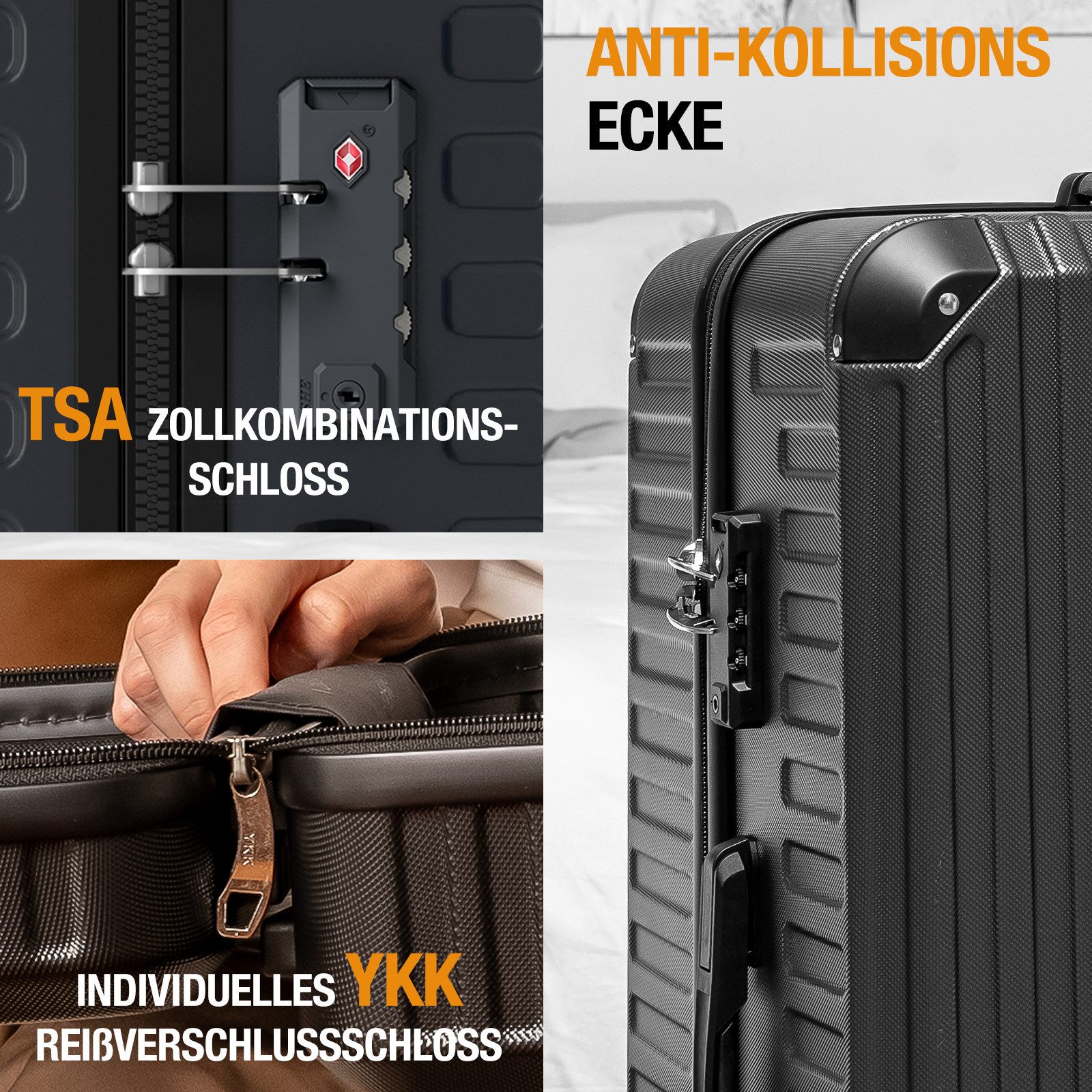 VALLSERO Trolleyset LG2 Hartschalen-Koffer set (S,M,L,XL) Rollkoffer, Reisekoffer, (Hartschalen Trolley 6-teiliges-set), Handgepäck 4 Rollen, ABS-Material, TSA  – Bild 4 von 5