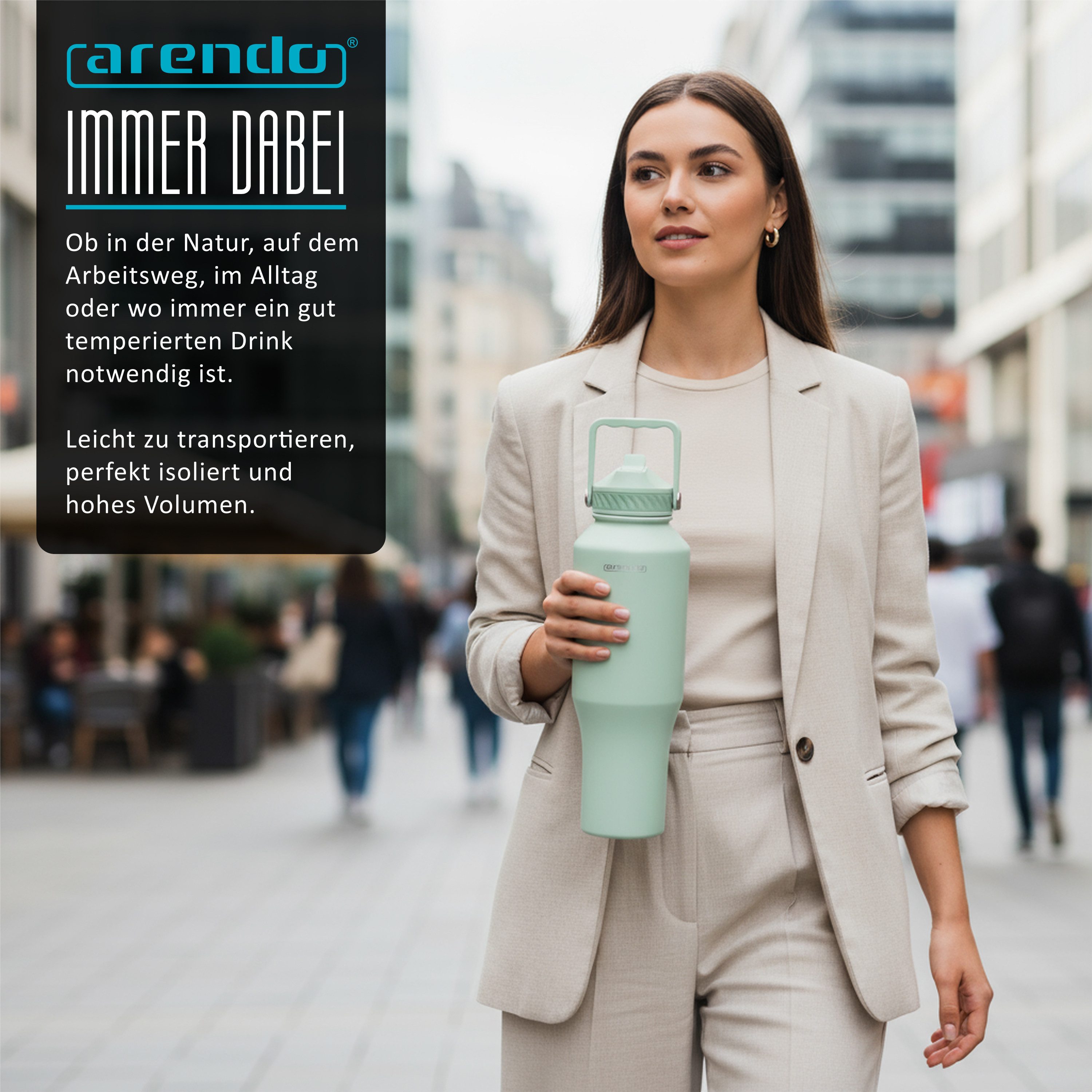 Arendo Thermobecher Travel Mug 1000 ml, Isolierbecher mit Strohhalm, 100% auslaufsicher, 1-tlg., Edelstahl, doppelwandig, Vakuum-Isolierung, dicht, Klappverschl – Bild 5 von 5