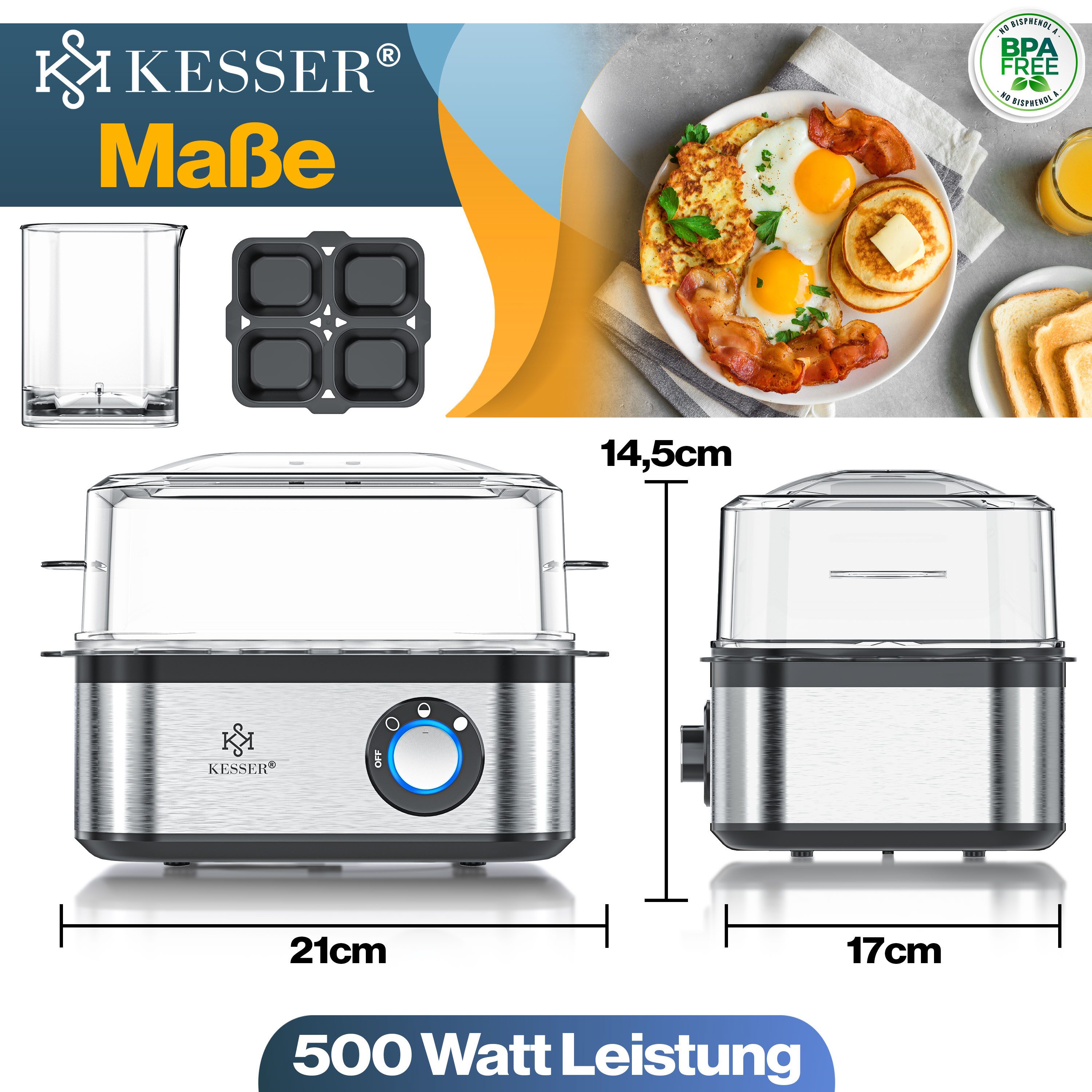 KESSER Eierkocher inkl. Messbecher mit Eipick und Omlettschalen, Bis 8 Eier, 500 W, Warmhaltefunktion, drei Härtegrade