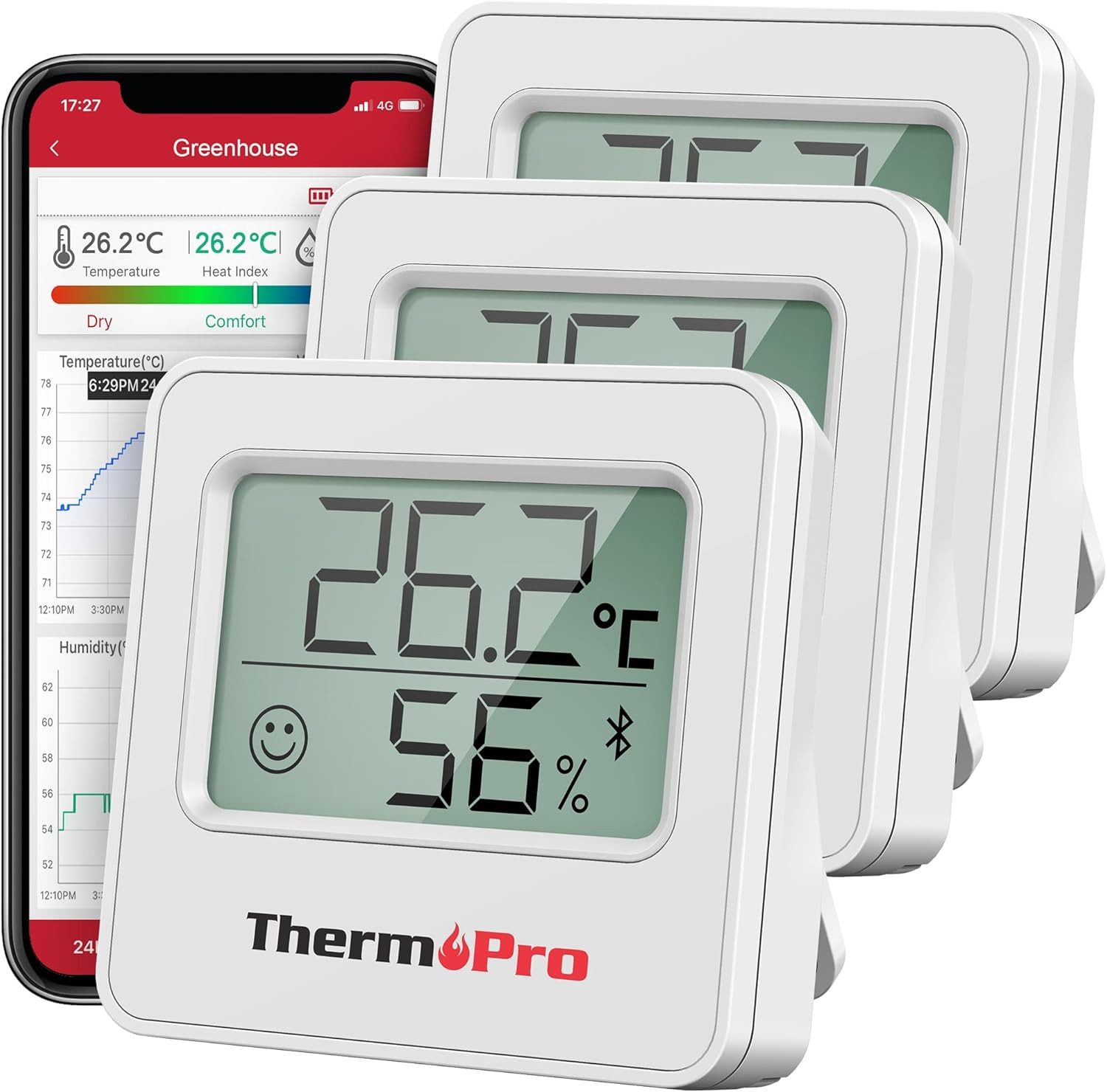ThermoPro Hygrometer TP357 Bluetooth Thermo-Hygrometer, (3-St), Bluetooth-Thermo-Hygrometer mit App, 80 m Reichweite, Alarm