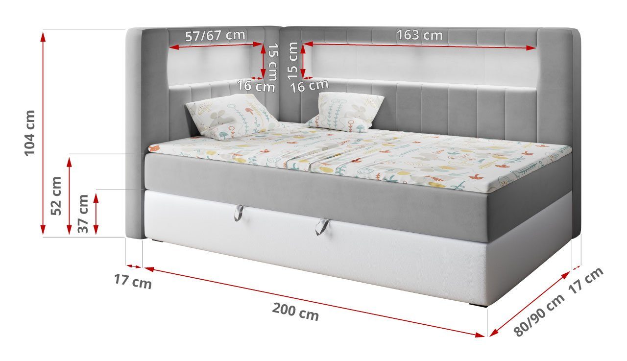 MKS Kinderbett Weiß JUNIOR mit GOLD und Kinderbett Grau Jugendbett, MÖBEL Polsterbett Led, 3,