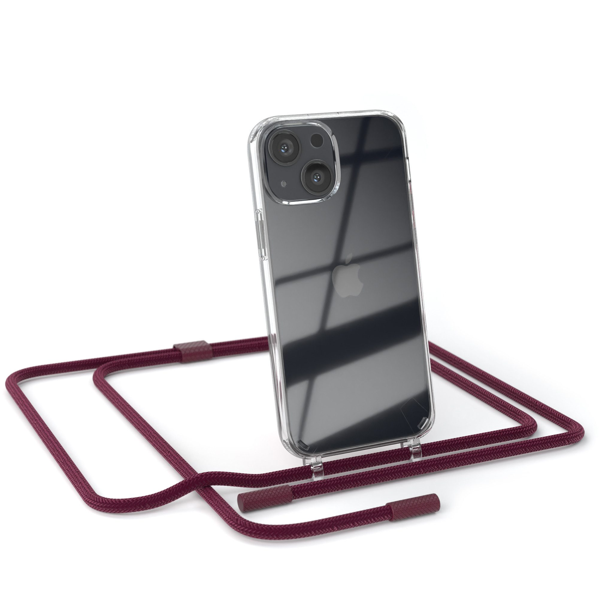 EAZY CASE Handykette Silikon Kette Unifarbe für Apple iPhone 13 Mini 5,4 Zoll, Silicon Handyhülle mit breiter Kette Carabiner Bordeaux Rot Beere