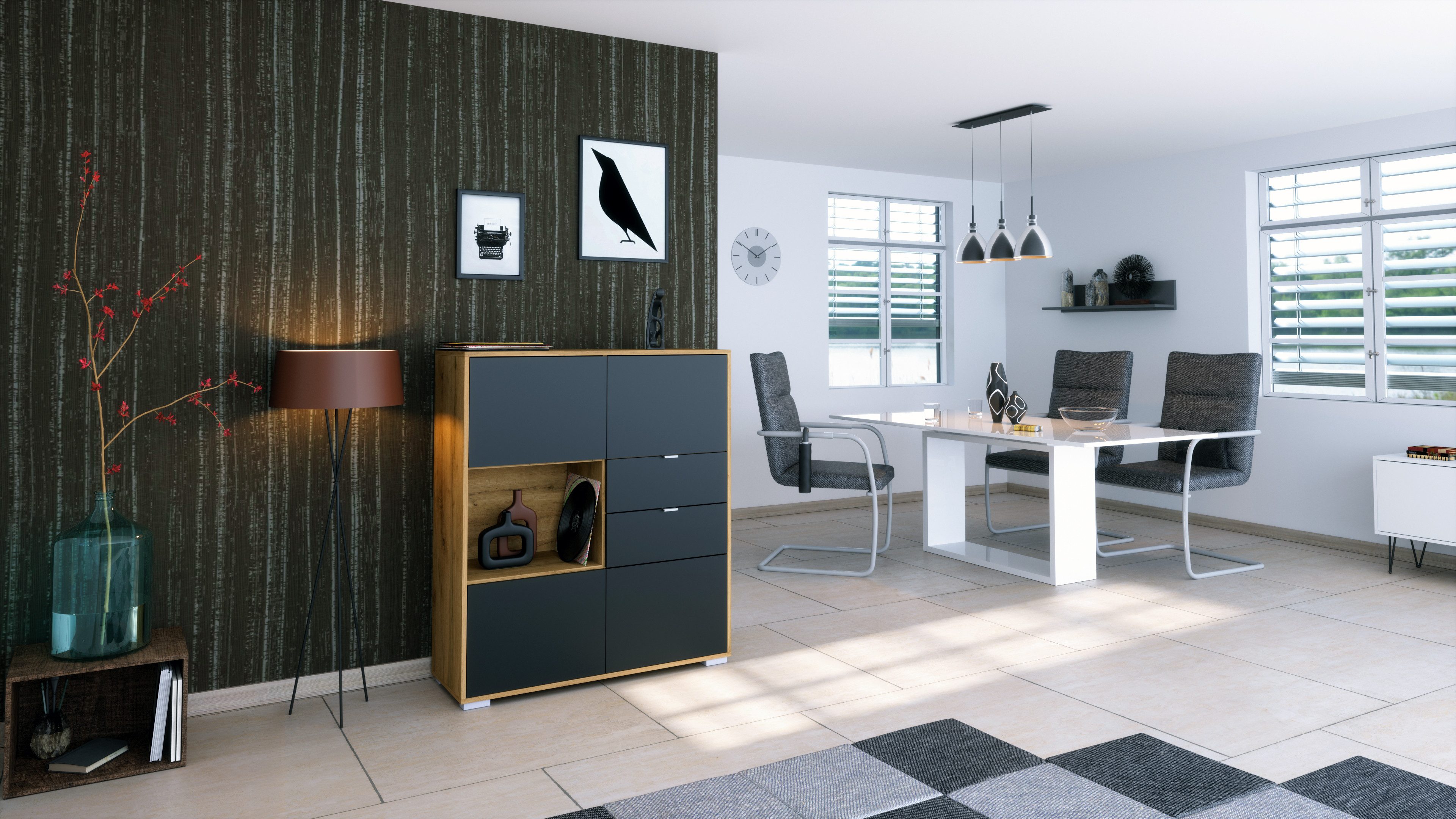 Vladon Highboard Milano V1 (Highboard mit 4 Tür Schwarz matt, 2 Schubladen Schwarz matt, inkl. LED, Made in Germany), Korpus Eiche Evoke (103 x 118 x 37 cm)