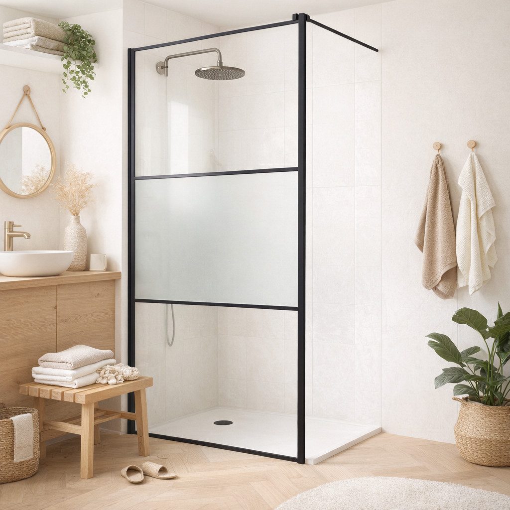 welltime Walk-in-Dusche Walk-In Foggy Black, Sicherheitsglas, Milchglaseinsatz für perfekten Sichtschutz