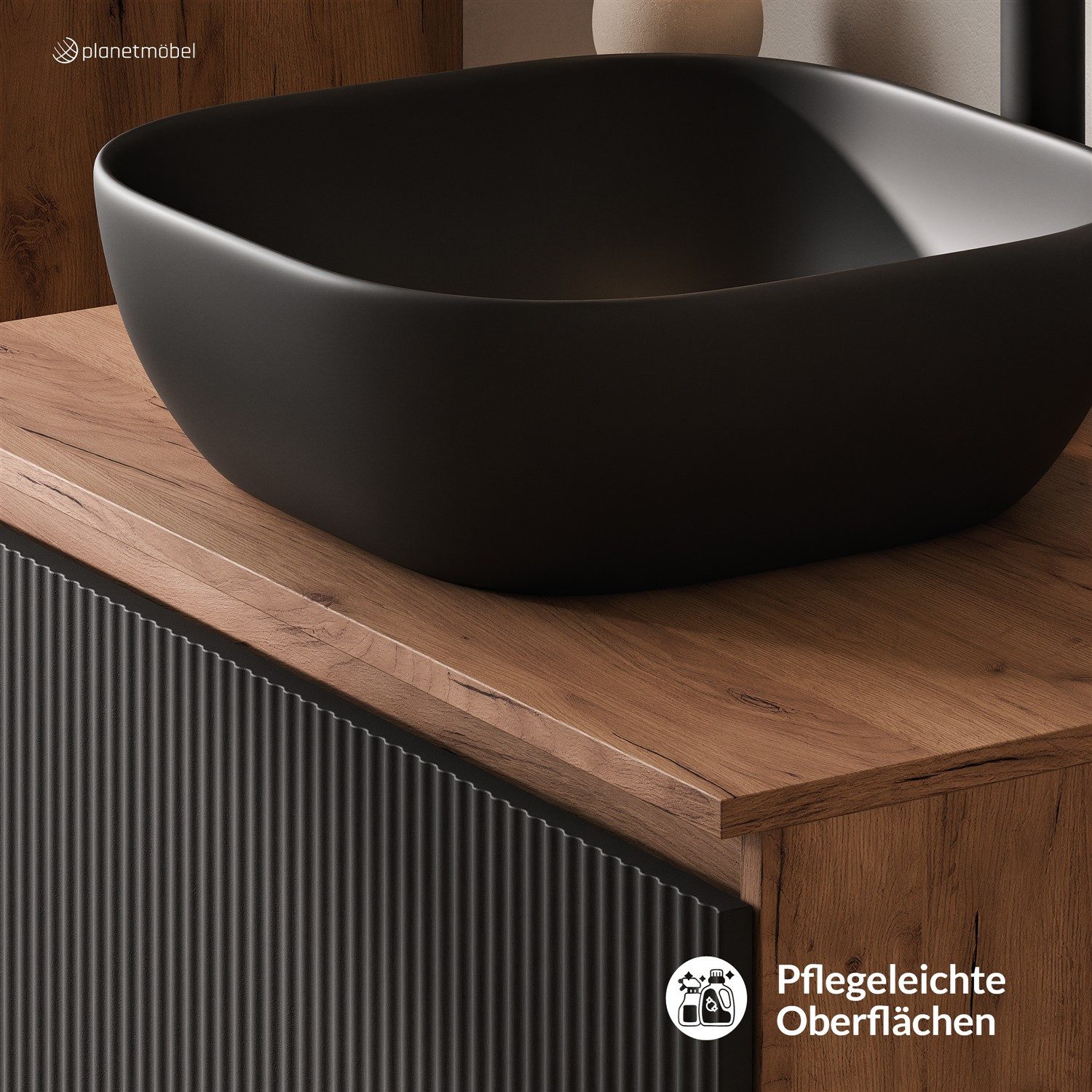 Planetmöbel Waschtisch-Set Arisa 2 teilig, Waschtisch mit Unterschrank 80 cm, Waschbecken 42 cm, (Waschtischunterschrank hängend für Gäste WC & Bad, schwarz geriffelt, Badmöbel Set mit Waschbecken 42 cm schwarz), Schublade mit Soft-Close Funktion