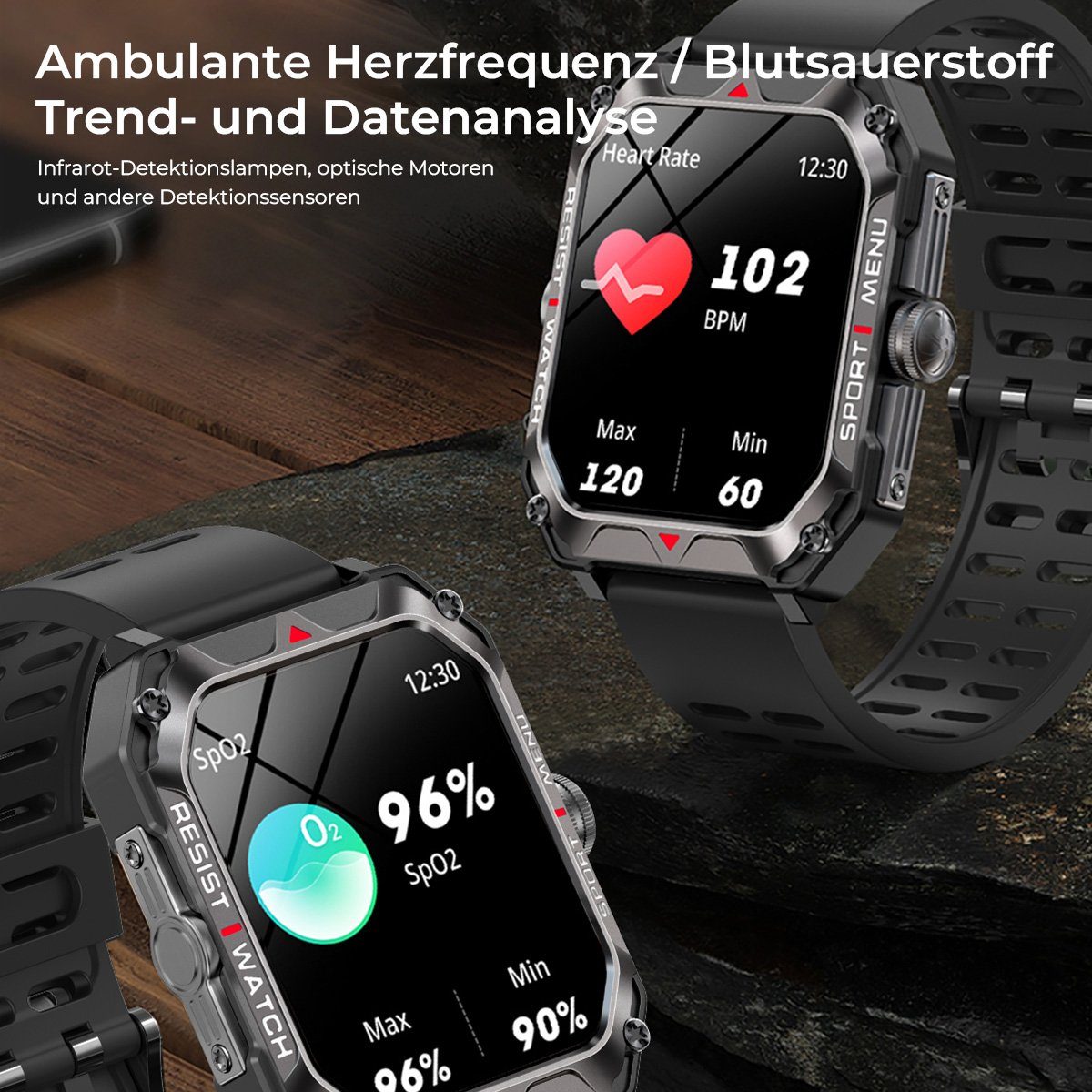 7Magic Smartwatch Herren Damen Wasserdicht 2,02” Sportuhr Touchscreen Zoll), Smartwatch (2.02 Schlafmonito mit Tracker, Fitness Outdoor Telefonfunktion IP68 Schwarz