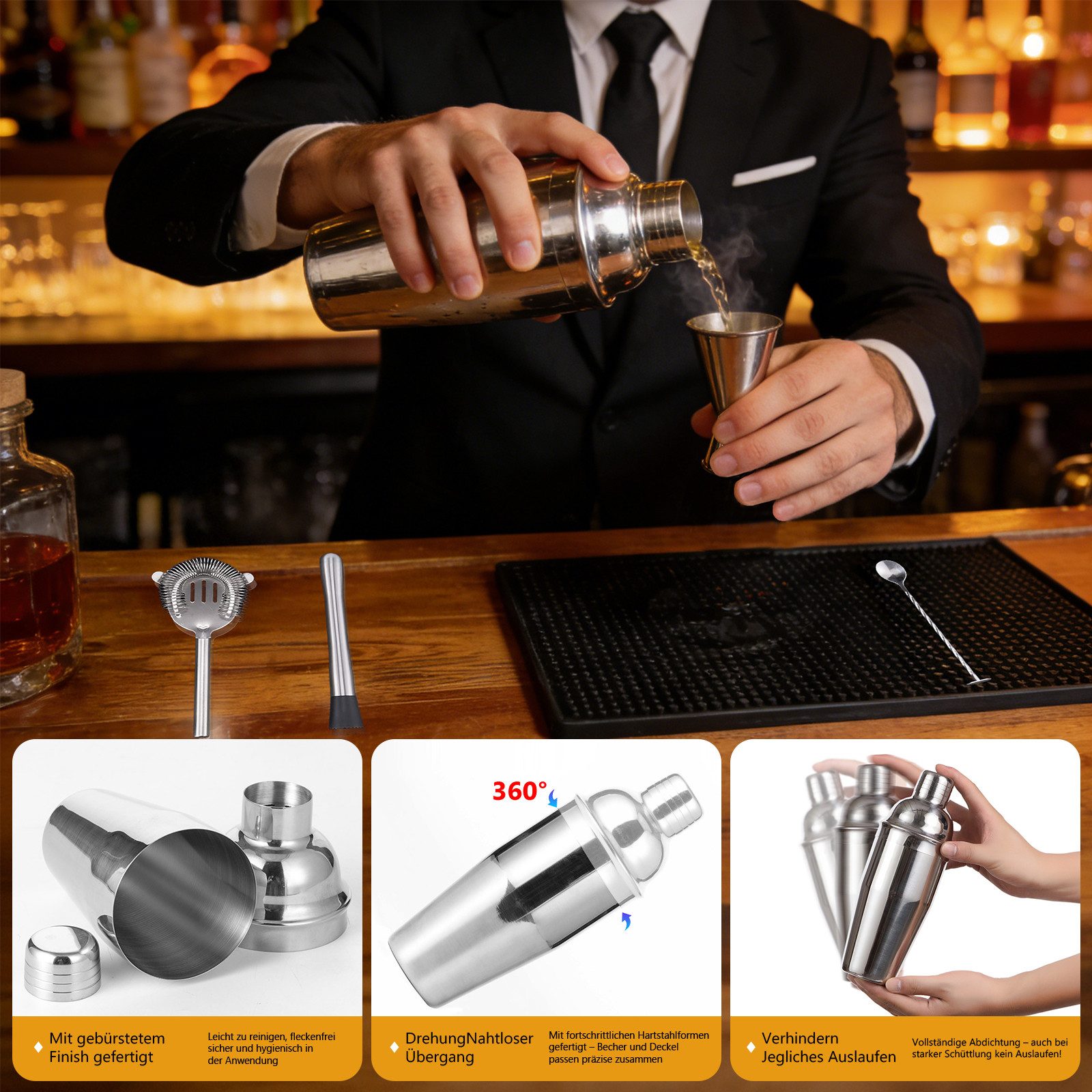 PFCTART Cocktail-Set Cocktail Set 12-tlg. mit Bambusständer, 750ml Edelstahl-Shaker, (Set, 12-tlg., Cocktail Zubehör für Zuhause, Party & Geschenk, komplett), B – Bild 5 von 5