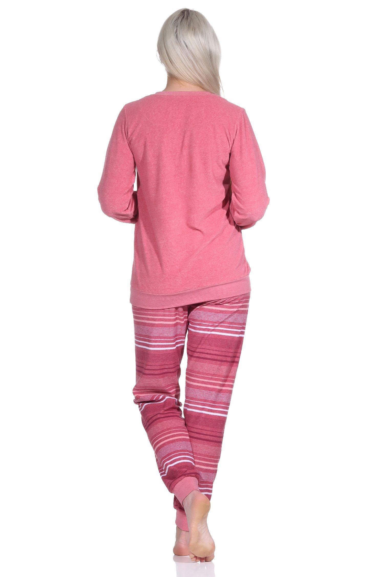 Normann Pyjama Damen Frottee Schlafanzug mit altrose langarm Hose Bündchen gestreift