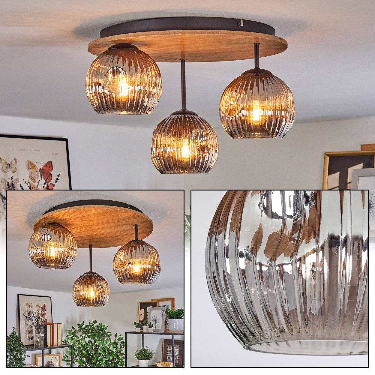 hofstein Deckenleuchte Deckenlampe aus Metall/Holz/Riffelglas in günstig online kaufen