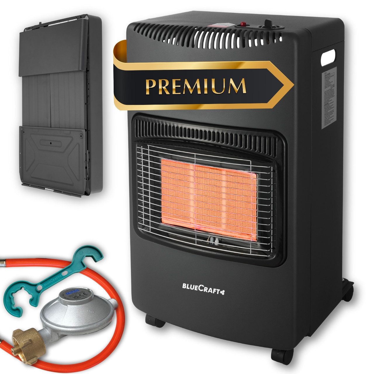 BlueCraft Heizstrahler PREMIUM Gasheizung Gasofen 4200 W Campingheizung Gas-Heizstrahler, 3-Stufen-Regulierung, Kompakt, Mobil, Mit Gasdruckregler + Schlauch